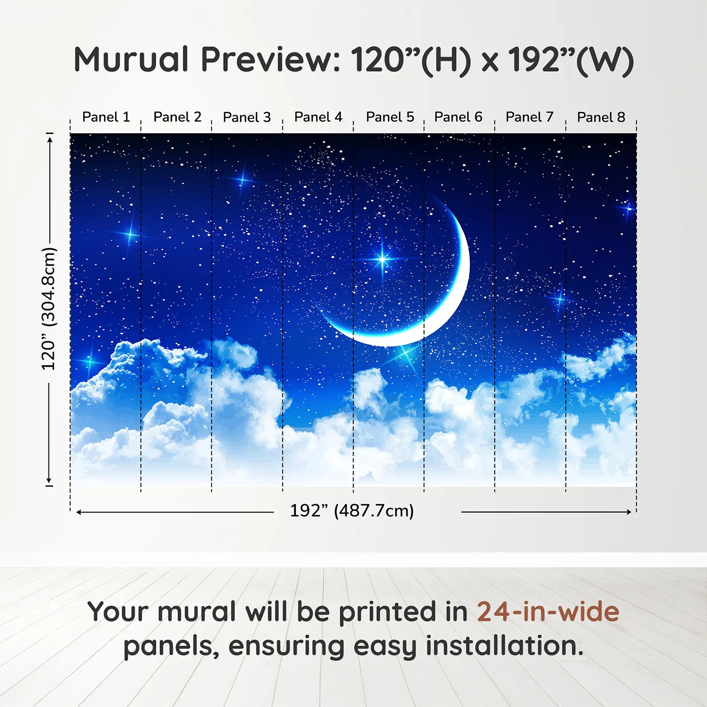 Whimsy Tots Starry Night Sky Wall Muraldimension view (120" H x 192" W). Printed in eight 24-inch-wide panels. Gender-Neutral
