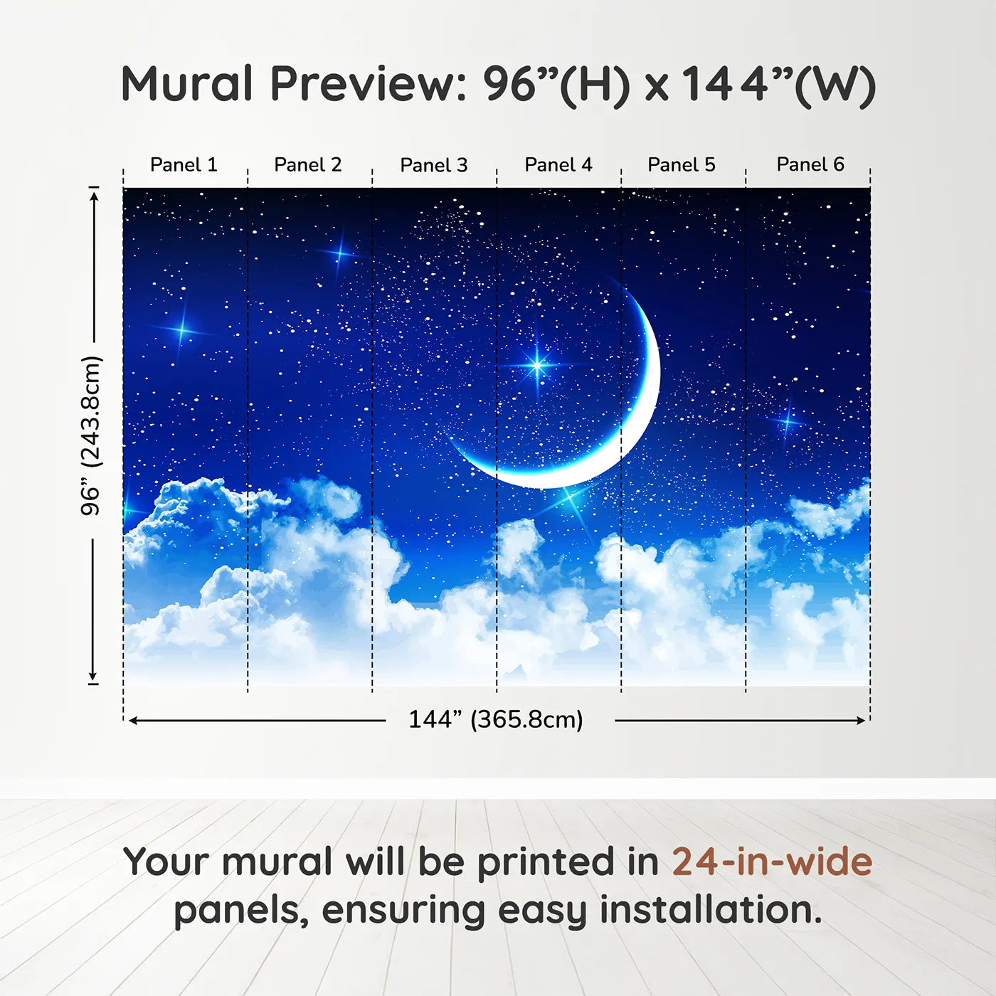Whimsy Tots Starry Night Sky Wall Muraldimension view (96" H x 144" W). Printed in six 24-inch-wide panels. Gender-Neutral
