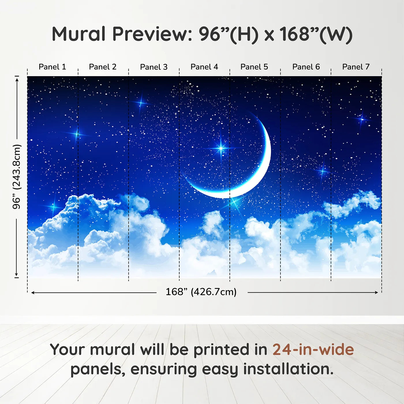 Whimsy Tots Starry Night Sky Wall Muraldimension view (96" H x 168" W). Printed in seven 24-inch-wide panels. Gender-Neutral