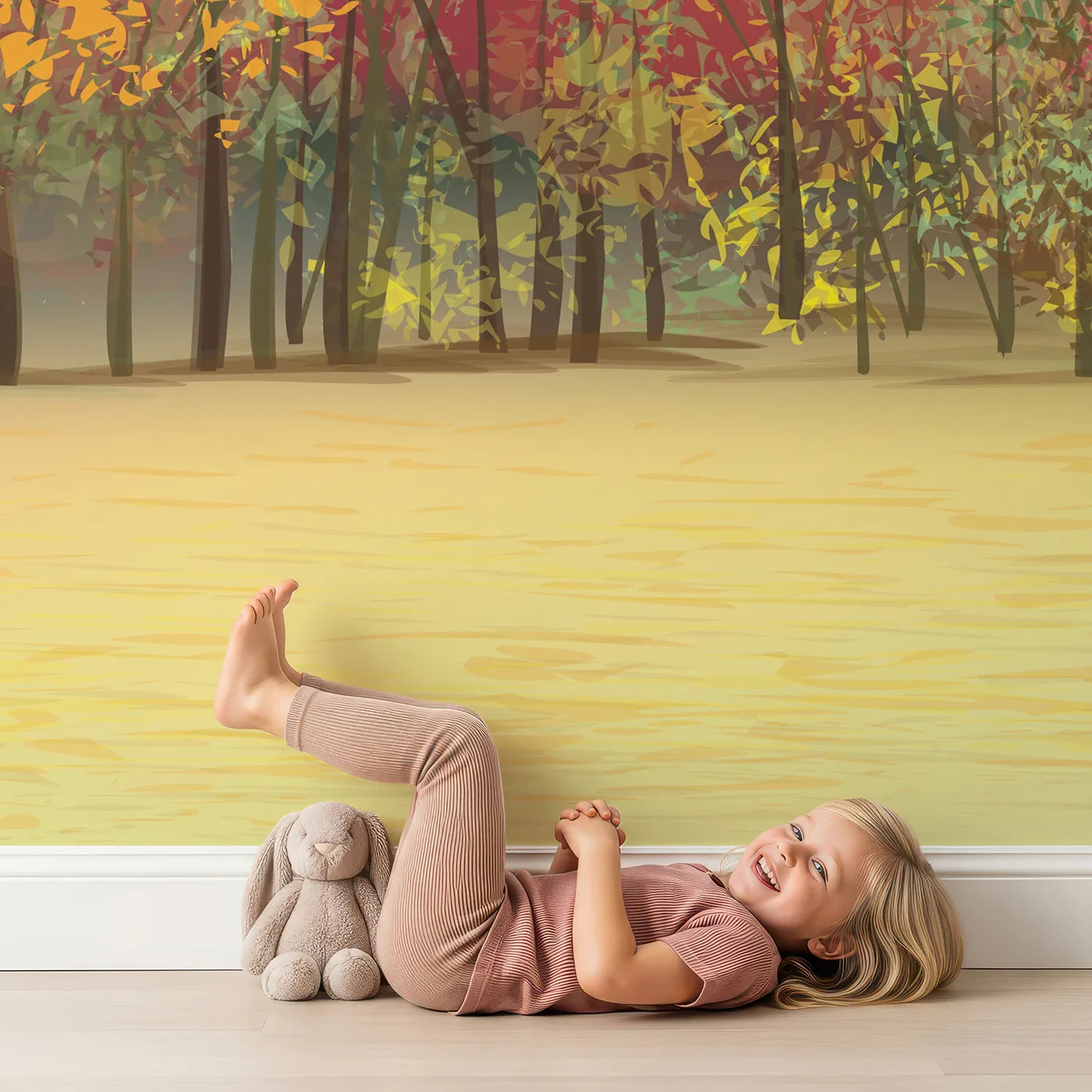 Child in front of Whimsy Tots Autumn Forest Panorama Wall Mural with autumn, forest, tree, landscape, colorful, painterly, orange, yellow in design.