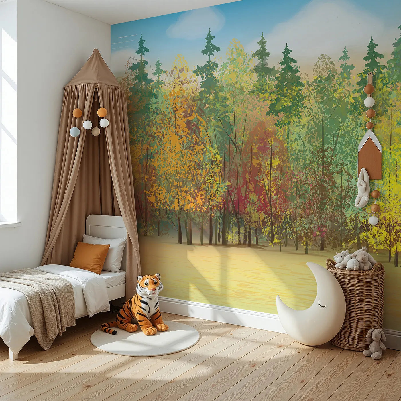 Angled view of Whimsy Tots' Autumn Forest Panorama Wall Mural (Turn Their Room into a Vibrant, Colorful Woodland).Gender-Neutral