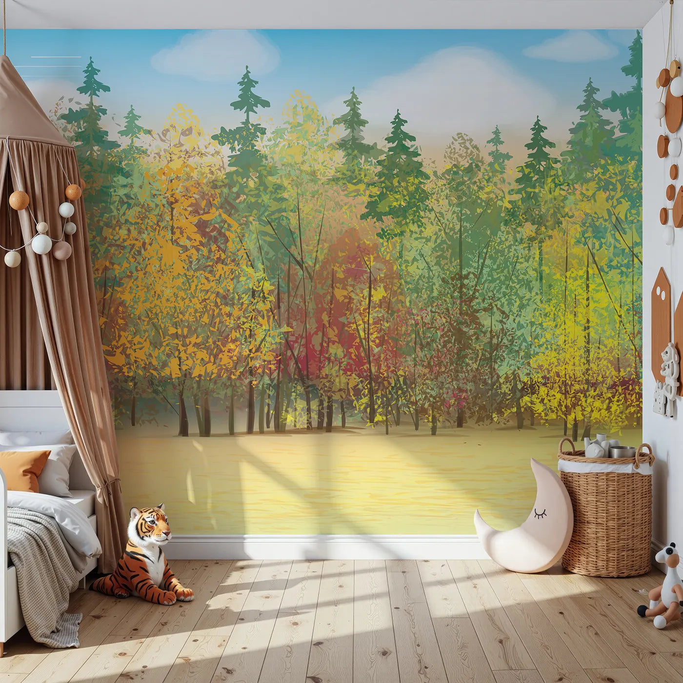 Front view of Whimsy Tots' Autumn Forest Panorama Wall Mural