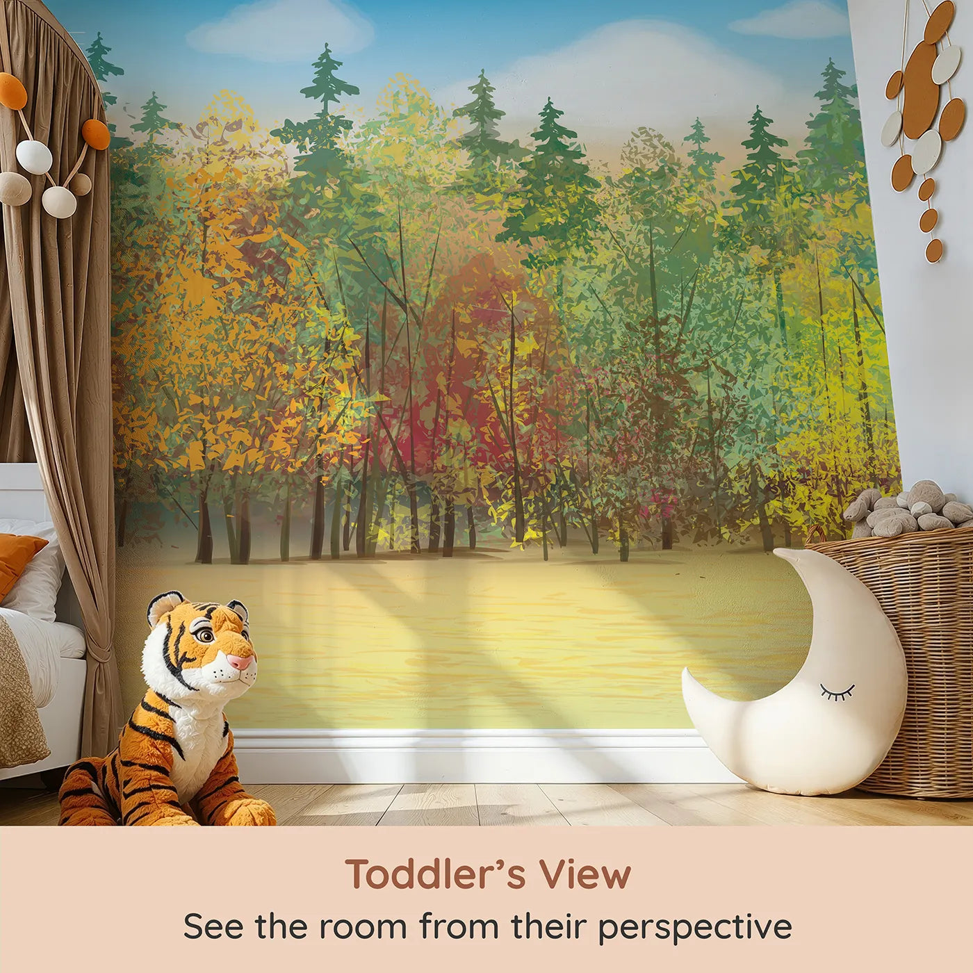 Whimsy Tots Autumn Forest Panorama Wall Mural (Turn Their Room into a Vibrant, Colorful Woodland) from your child's view.Gender-Neutral