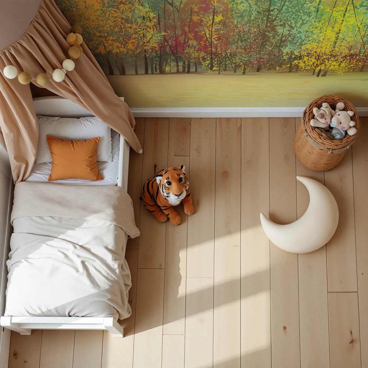 Top-down view of Whimsy Tots' Autumn Forest Panorama Wall Mural (Turn Their Room into a Vibrant, Colorful Woodland).Gender-Neutral