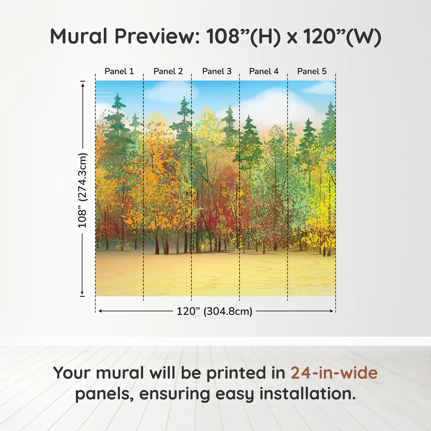 Whimsy Tots Autumn Forest Panorama Wall Muraldimension view (108" H x 120" W). Printed in five 24-inch-wide panels. Gender-Neutral