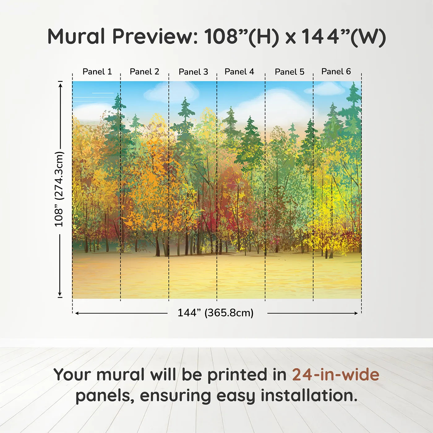 Whimsy Tots Autumn Forest Panorama Wall Muraldimension view (108" H x 144" W). Printed in six 24-inch-wide panels. Gender-Neutral