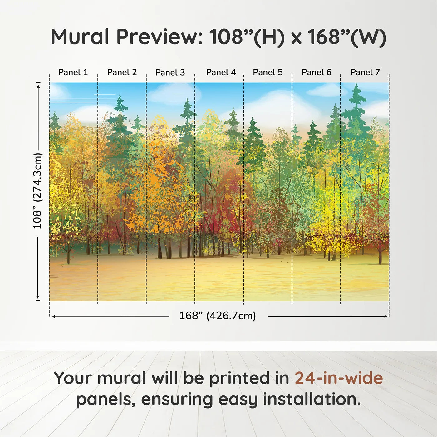 Whimsy Tots Autumn Forest Panorama Wall Muraldimension view (108" H x 168" W). Printed in seven 24-inch-wide panels. Gender-Neutral
