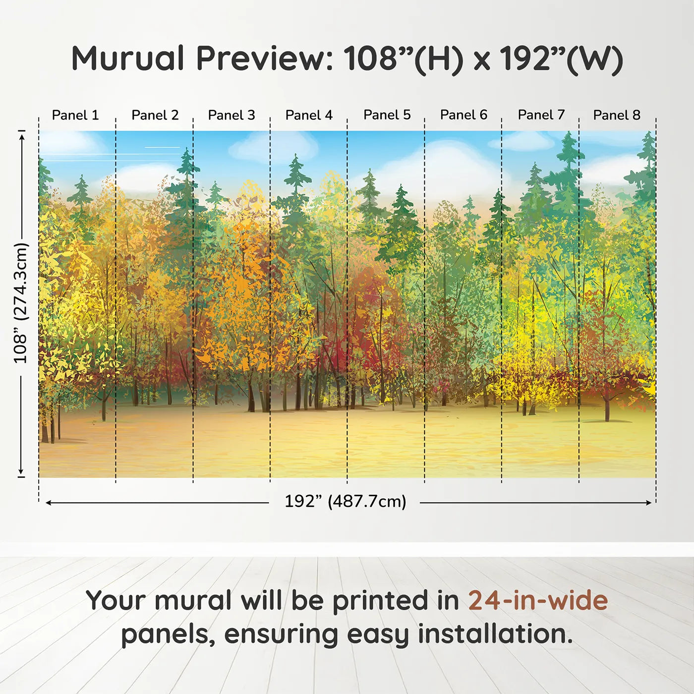 Whimsy Tots Autumn Forest Panorama Wall Muraldimension view (108" H x 192" W). Printed in eight 24-inch-wide panels. Gender-Neutral