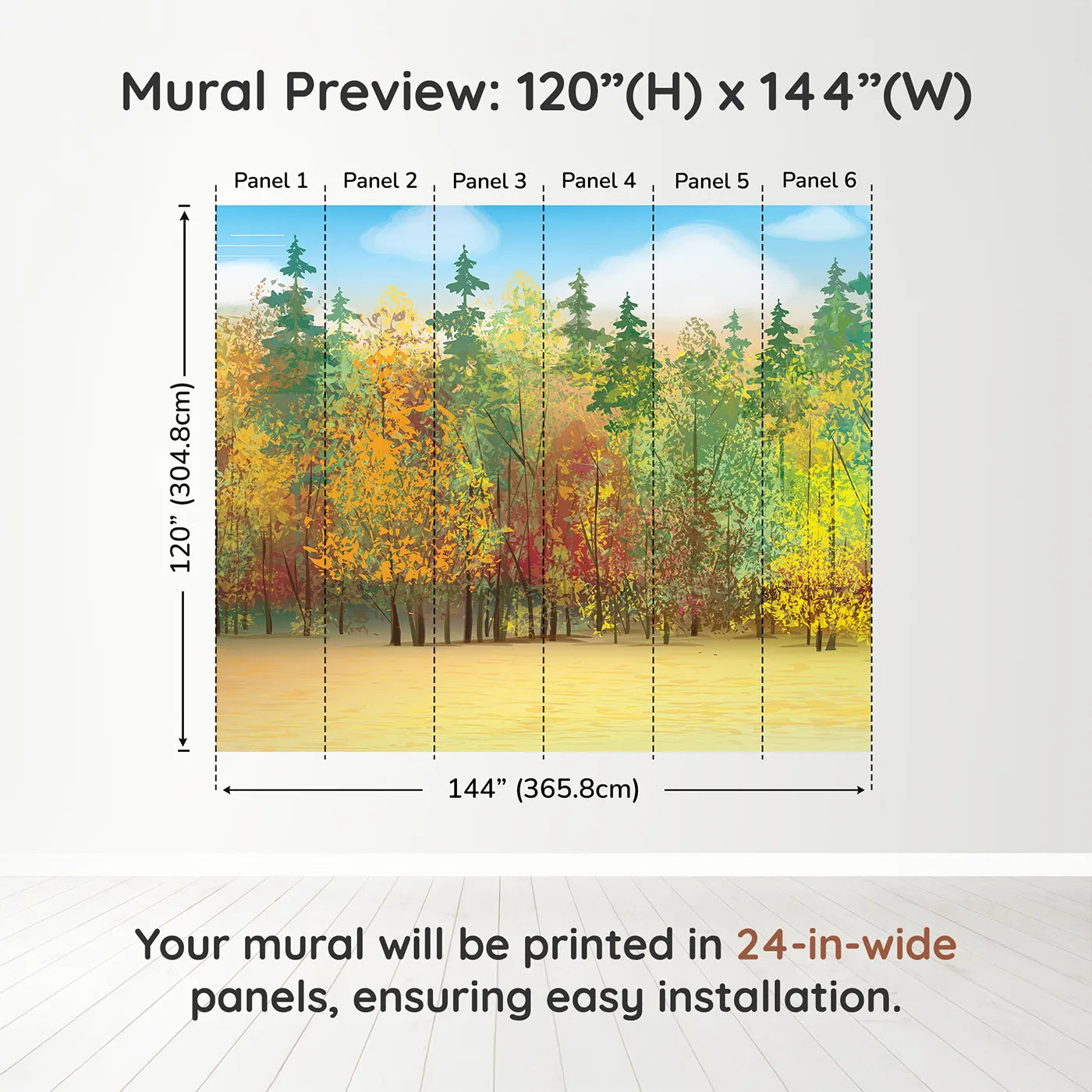 Whimsy Tots Autumn Forest Panorama Wall Muraldimension view (120" H x 144" W). Printed in six 24-inch-wide panels. Gender-Neutral