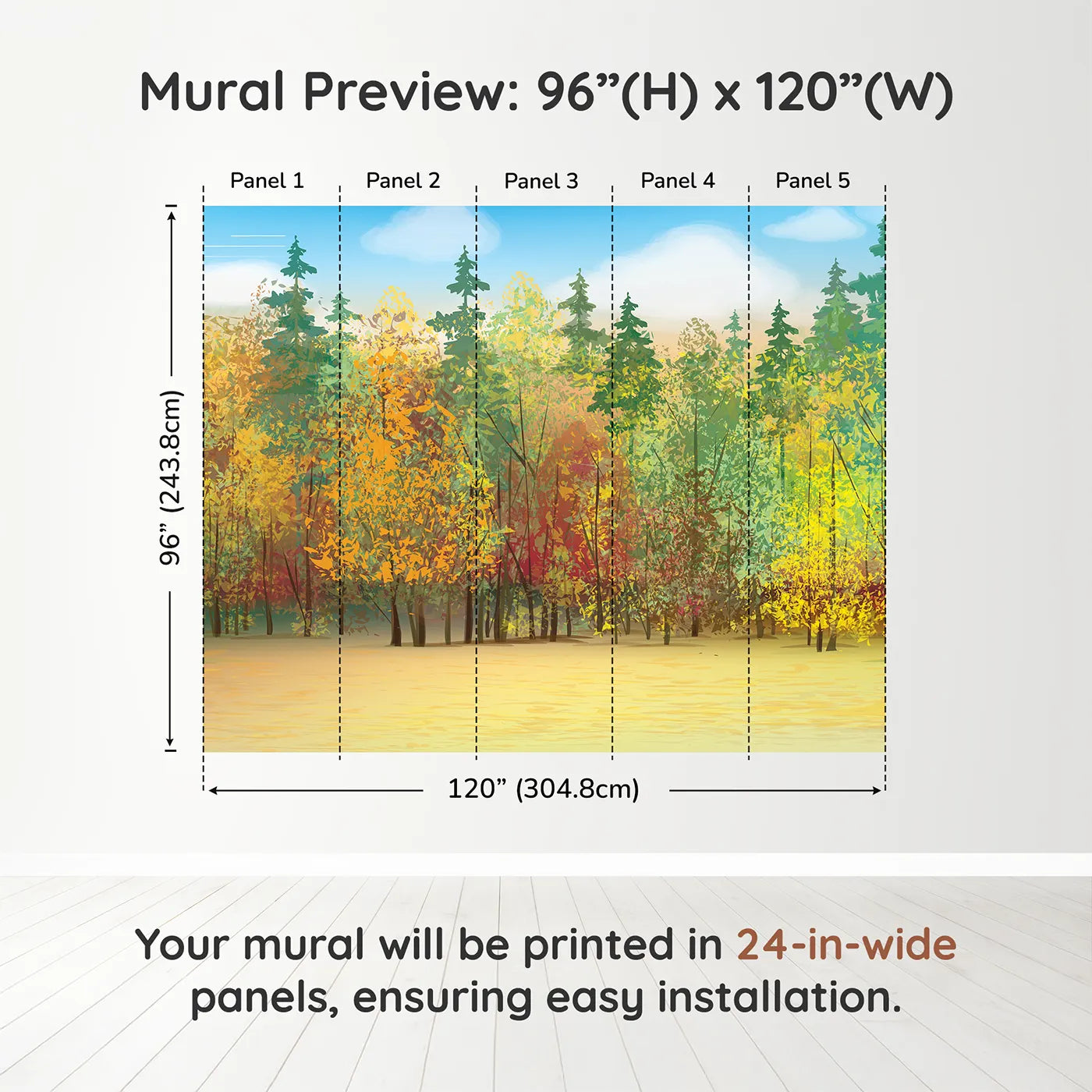 Whimsy Tots Autumn Forest Panorama Wall Muraldimension view (96" H x 120" W). Printed in five 24-inch-wide panels. Gender-Neutral