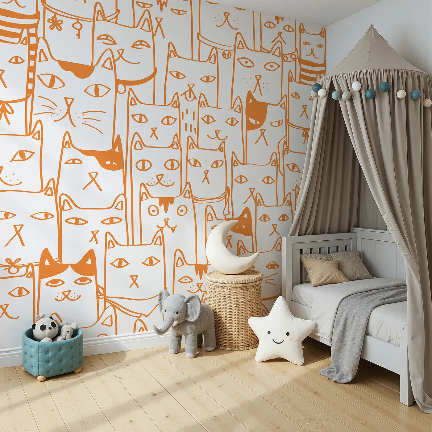 Angled view of Whimsy Tots' Orange Cat Doodle Wall Mural (Turn Their Room into the Purr-fectly Cutest Place on Earth).Gender-Neutral
