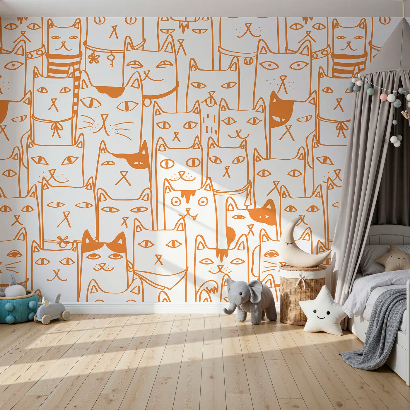 Front view of Whimsy Tots' Orange Cat Doodle Wall Mural