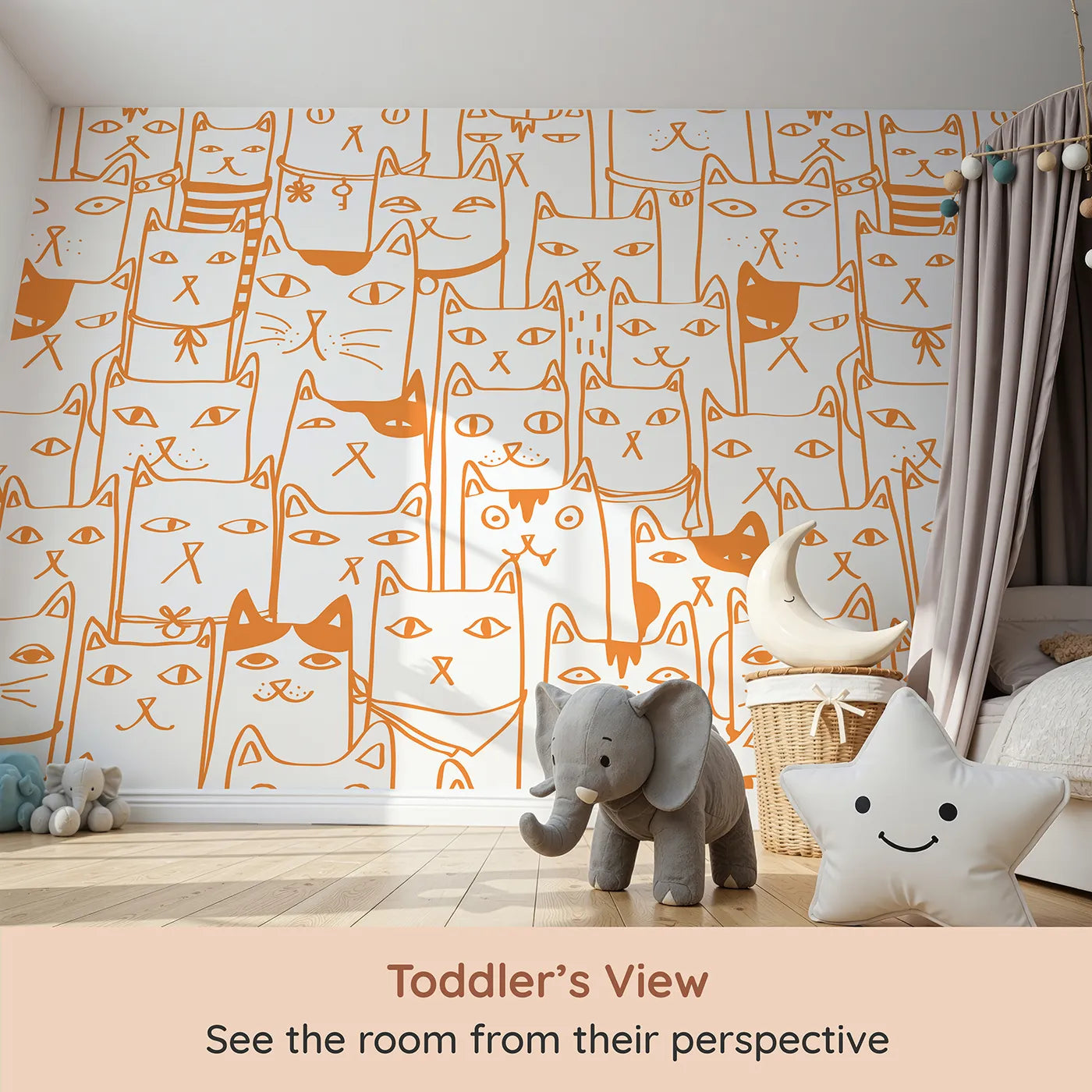 Whimsy Tots Orange Cat Doodle Wall Mural (Turn Their Room into the Purr-fectly Cutest Place on Earth) from your child's view.Gender-Neutral