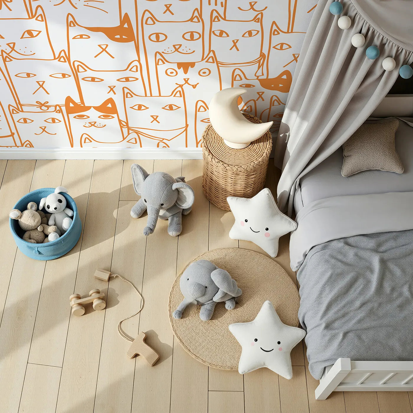 Top-down view of Whimsy Tots' Orange Cat Doodle Wall Mural (Turn Their Room into the Purr-fectly Cutest Place on Earth).Gender-Neutral