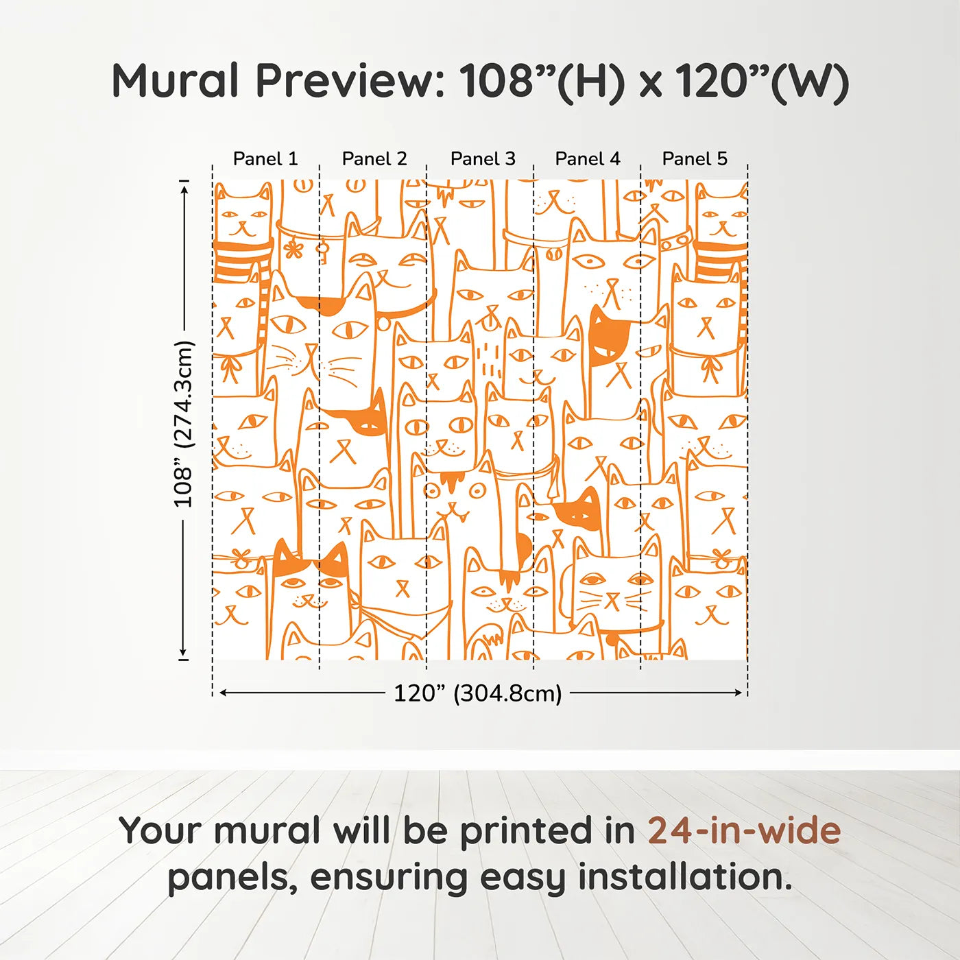 Whimsy Tots Orange Cat Doodle Wall Muraldimension view (108" H x 120" W). Printed in five 24-inch-wide panels. Gender-Neutral