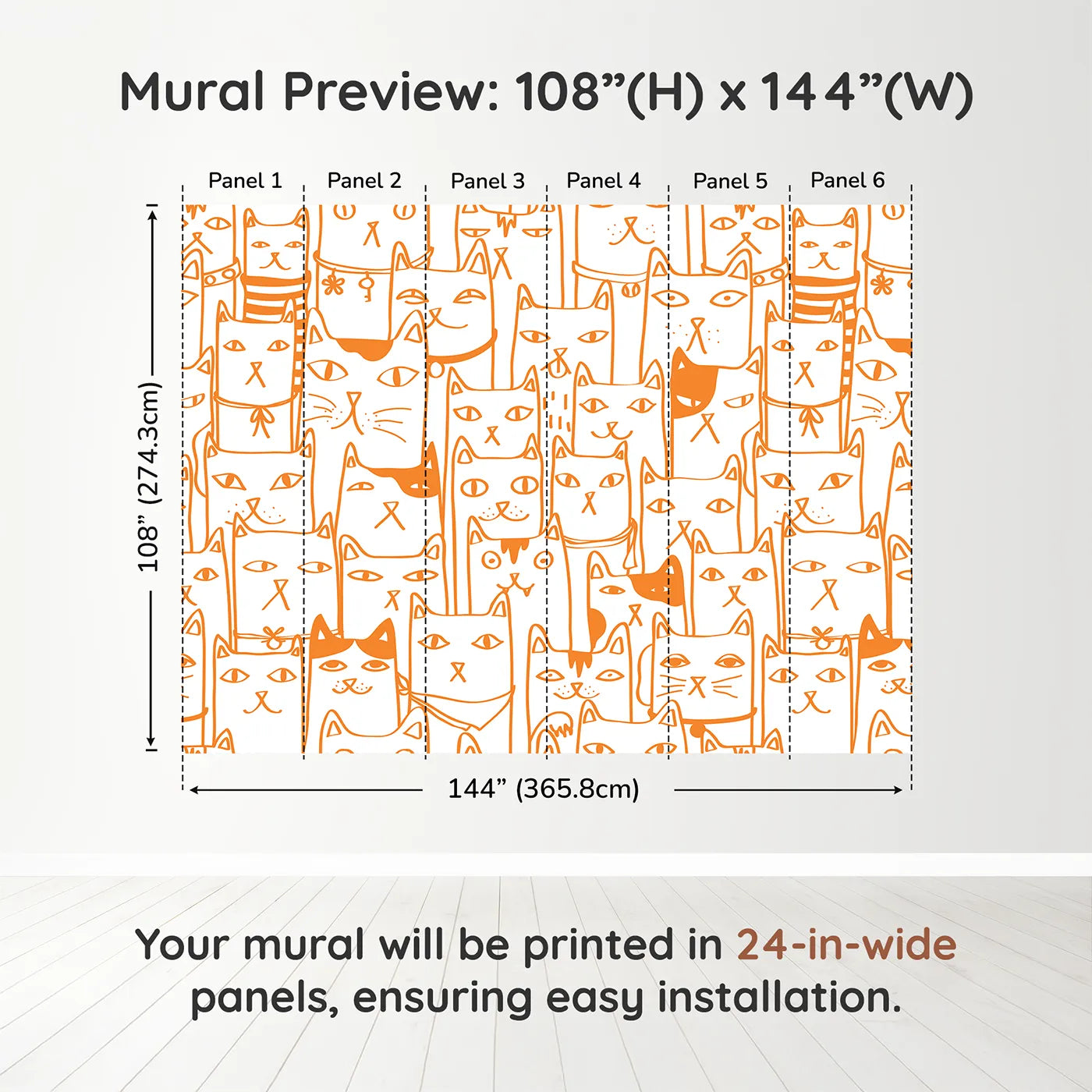 Whimsy Tots Orange Cat Doodle Wall Muraldimension view (108" H x 144" W). Printed in six 24-inch-wide panels. Gender-Neutral
