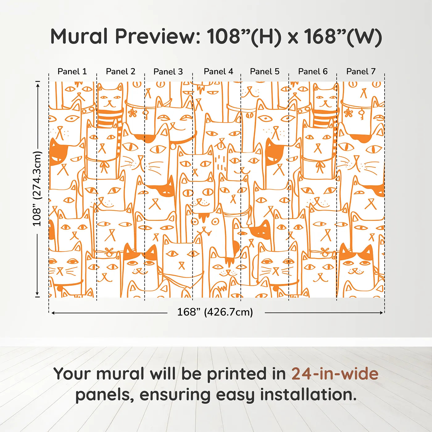 Whimsy Tots Orange Cat Doodle Wall Muraldimension view (108" H x 168" W). Printed in seven 24-inch-wide panels. Gender-Neutral