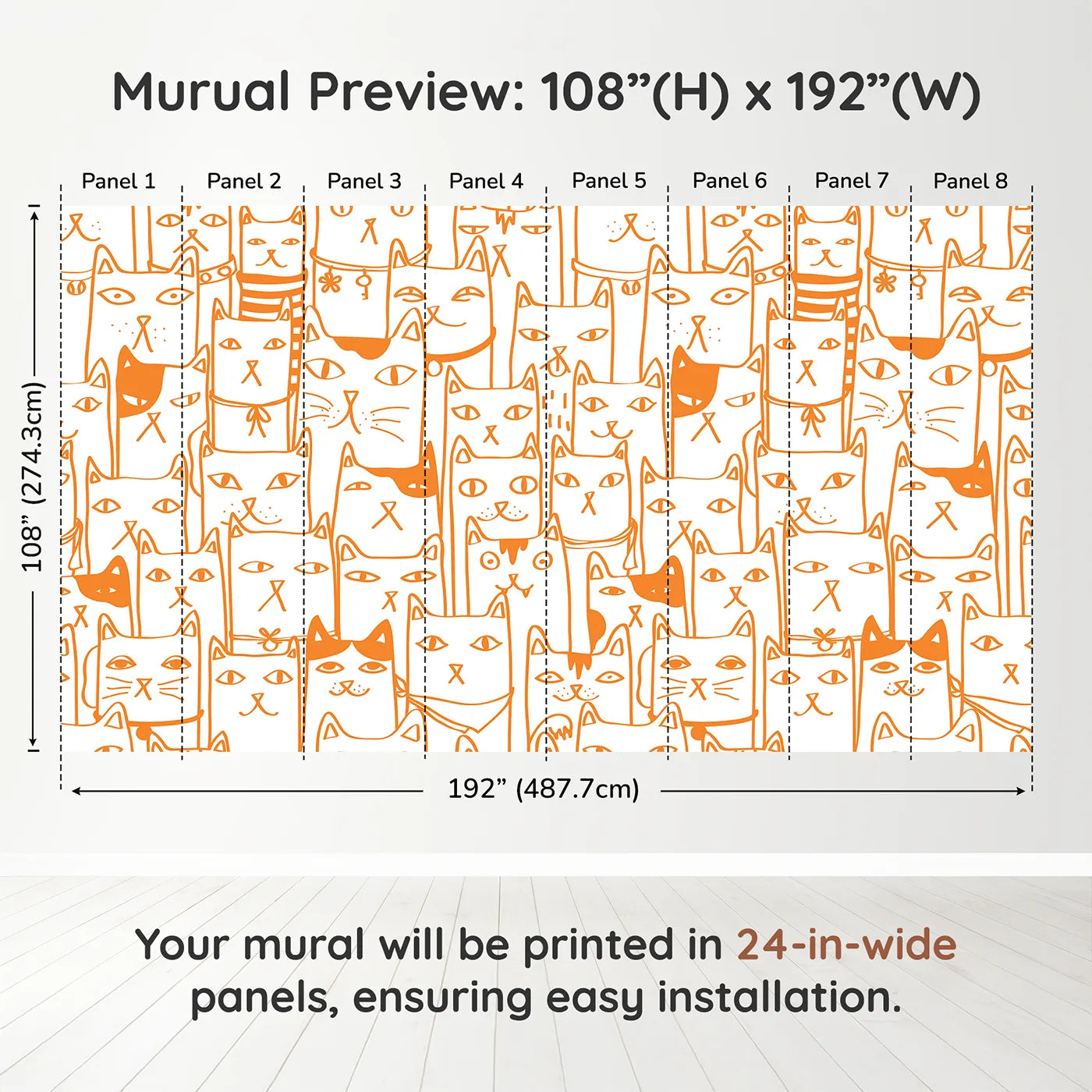Whimsy Tots Orange Cat Doodle Wall Muraldimension view (108" H x 192" W). Printed in eight 24-inch-wide panels. Gender-Neutral