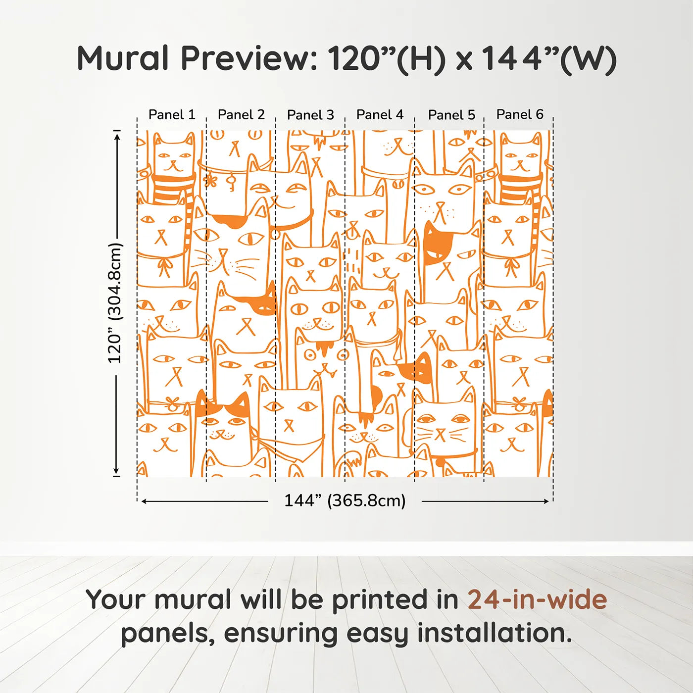 Whimsy Tots Orange Cat Doodle Wall Muraldimension view (120" H x 144" W). Printed in six 24-inch-wide panels. Gender-Neutral