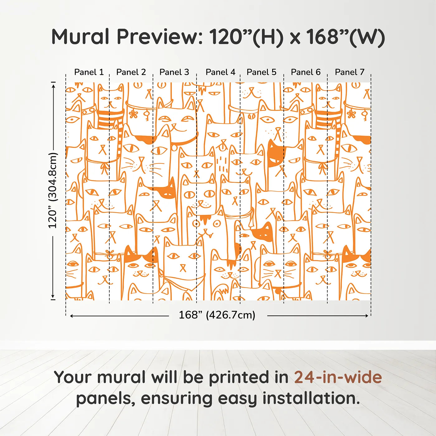 Whimsy Tots Orange Cat Doodle Wall Muraldimension view (120" H x 168" W). Printed in seven 24-inch-wide panels. Gender-Neutral