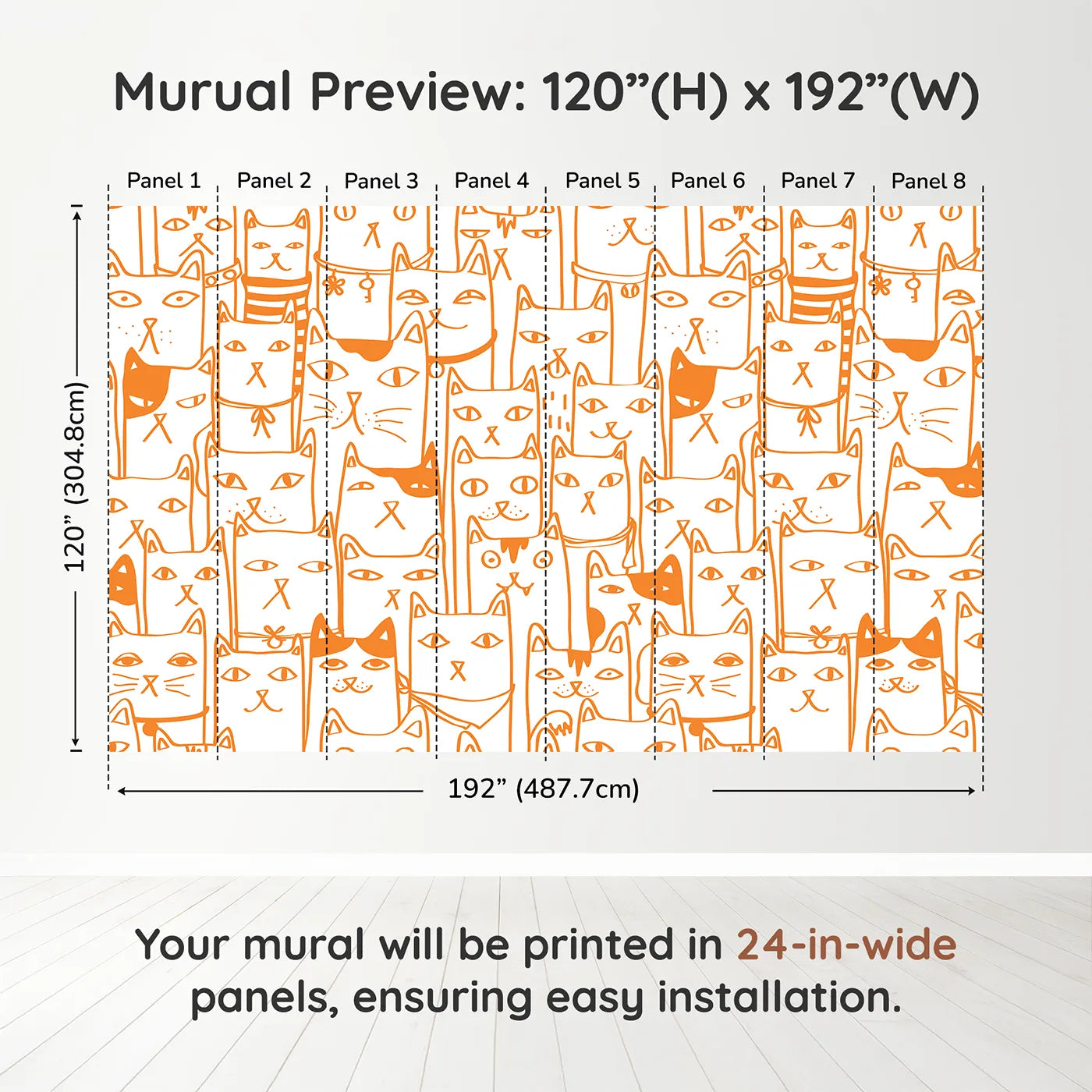 Whimsy Tots Orange Cat Doodle Wall Muraldimension view (120" H x 192" W). Printed in eight 24-inch-wide panels. Gender-Neutral