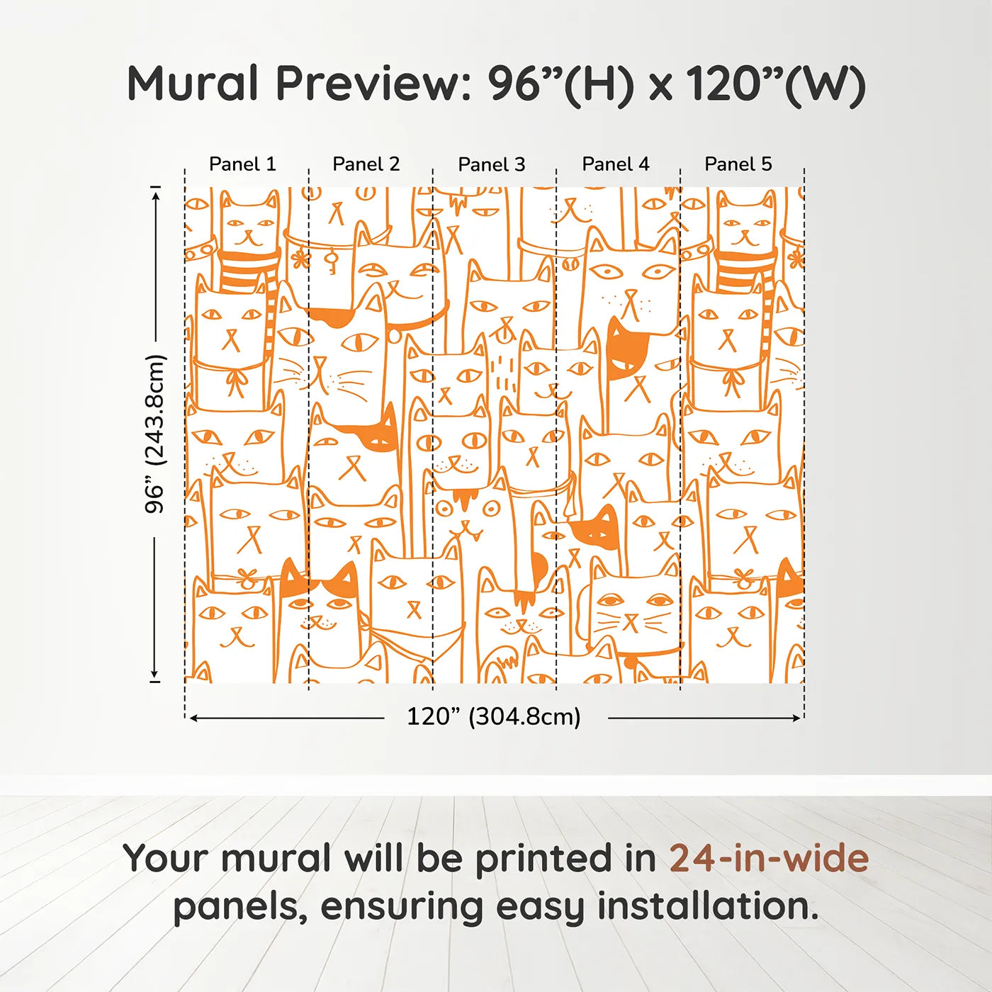 Whimsy Tots Orange Cat Doodle Wall Muraldimension view (96" H x 120" W). Printed in five 24-inch-wide panels. Gender-Neutral