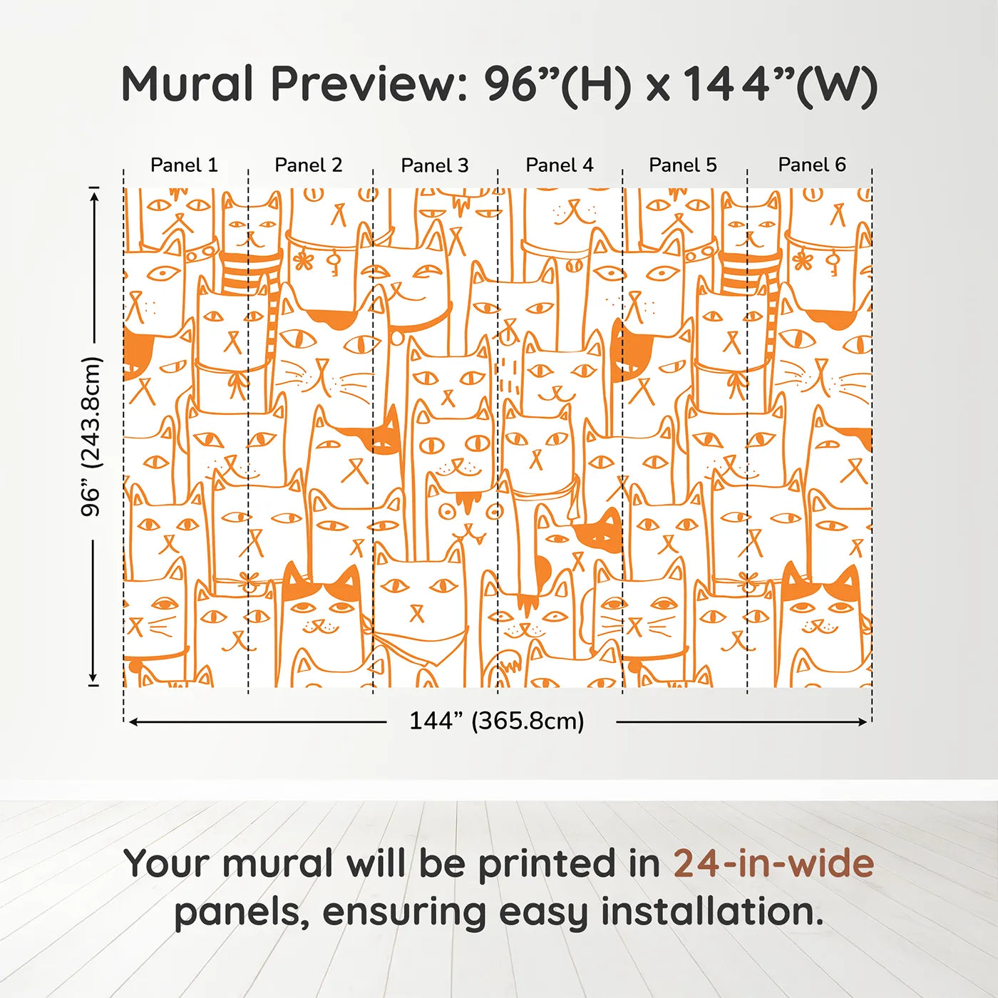 Whimsy Tots Orange Cat Doodle Wall Muraldimension view (96" H x 144" W). Printed in six 24-inch-wide panels. Gender-Neutral