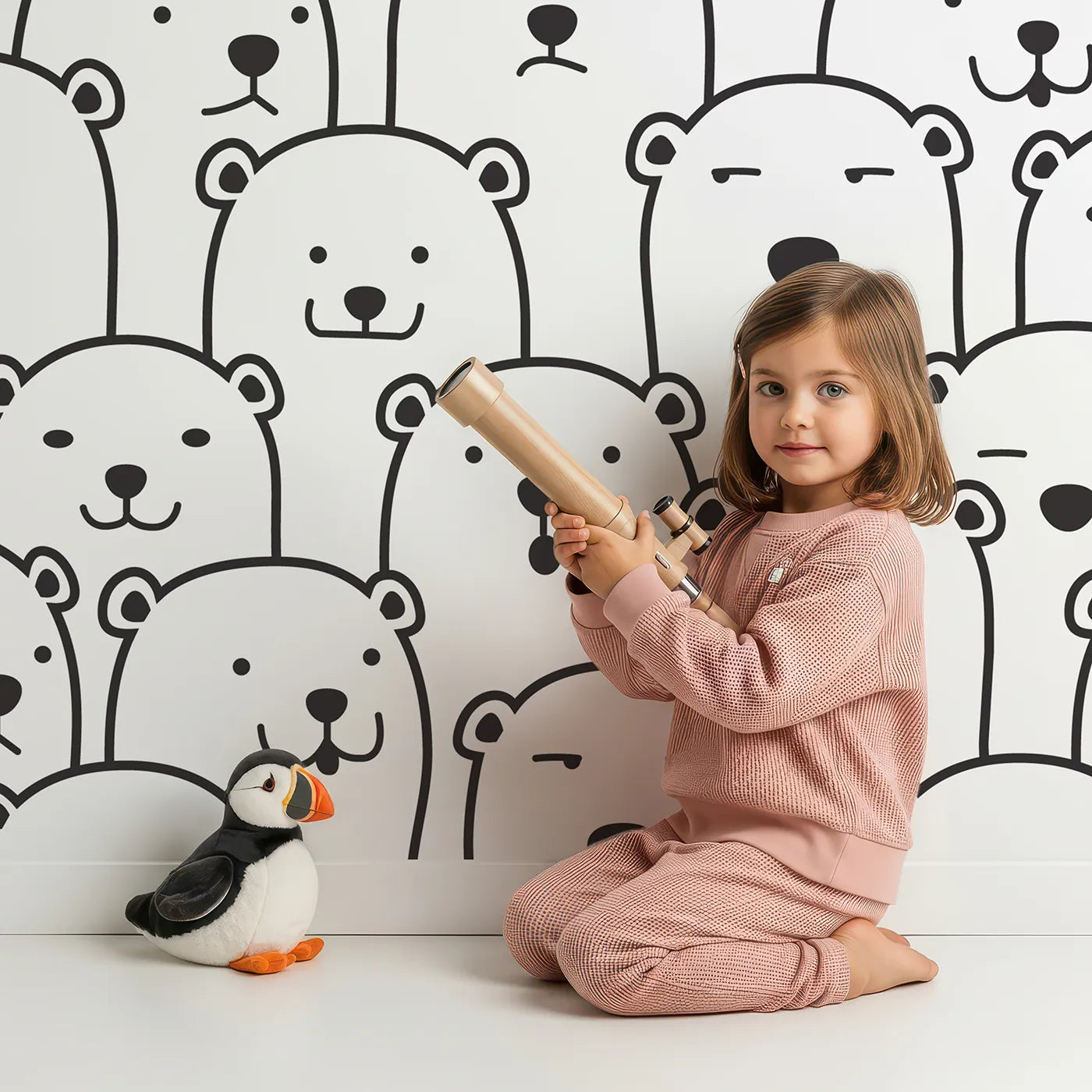 Child in front of Whimsy Tots Polar Bear Doodle Wall Mural with polar bear, bear, doodle, black and white, pattern, cute, animal, face in design.
