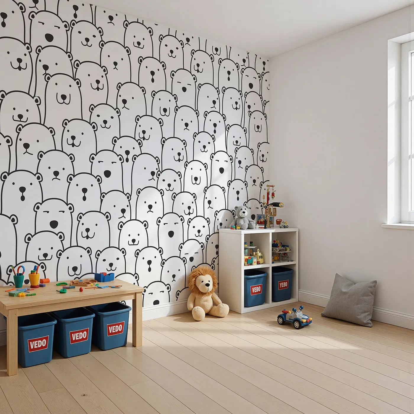 Angled view of Whimsy Tots' Polar Bear Doodle Wall Mural (Turn Their Room into a Cool and Quirky Arctic Party).Gender-Neutral