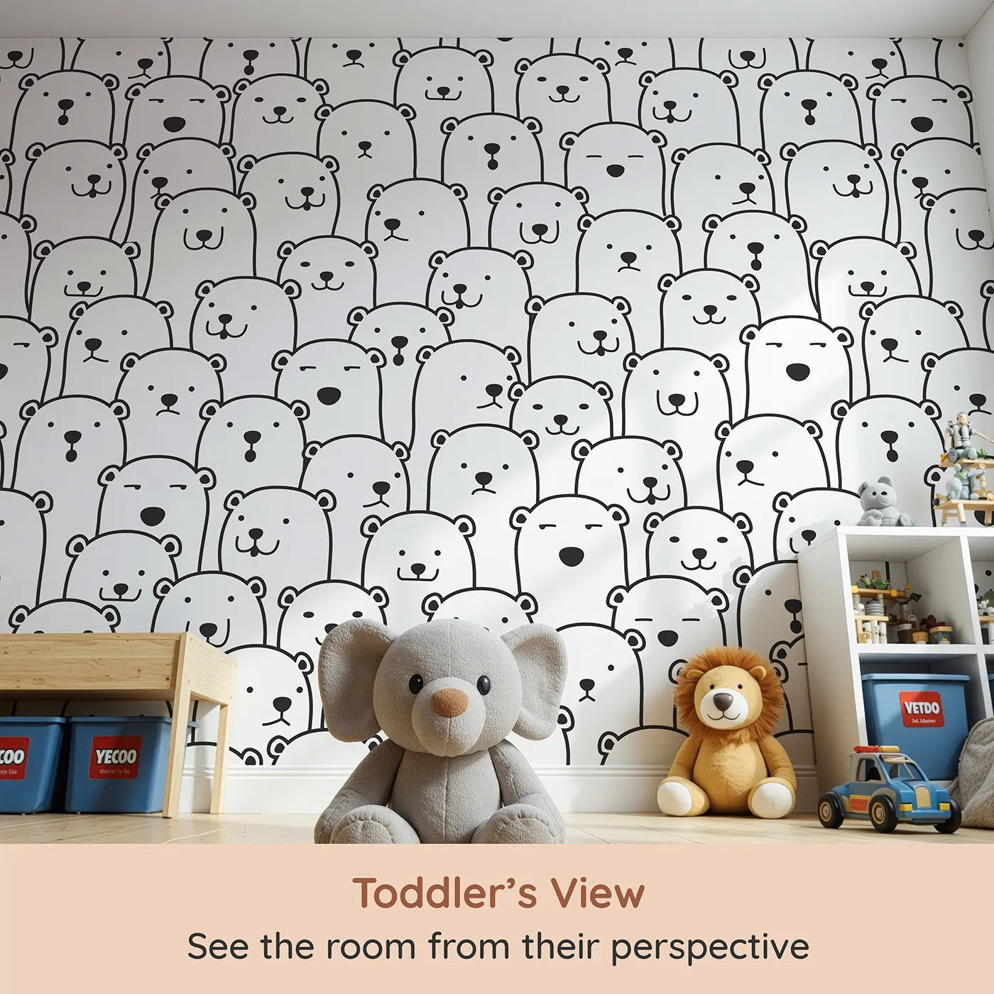 Whimsy Tots Polar Bear Doodle Wall Mural (Turn Their Room into a Cool and Quirky Arctic Party) from your child's view.Gender-Neutral