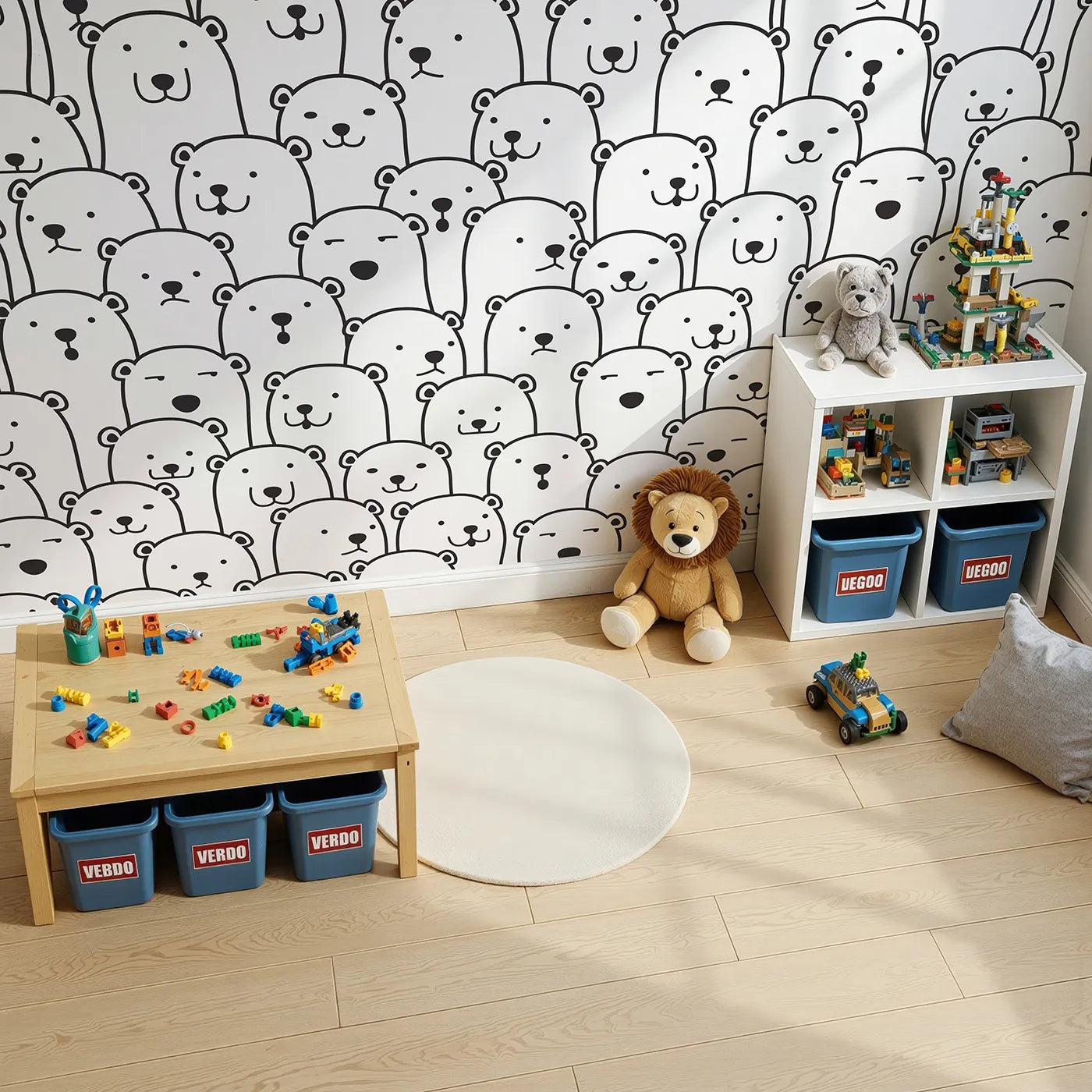 Top-down view of Whimsy Tots' Polar Bear Doodle Wall Mural (Turn Their Room into a Cool and Quirky Arctic Party).Gender-Neutral
