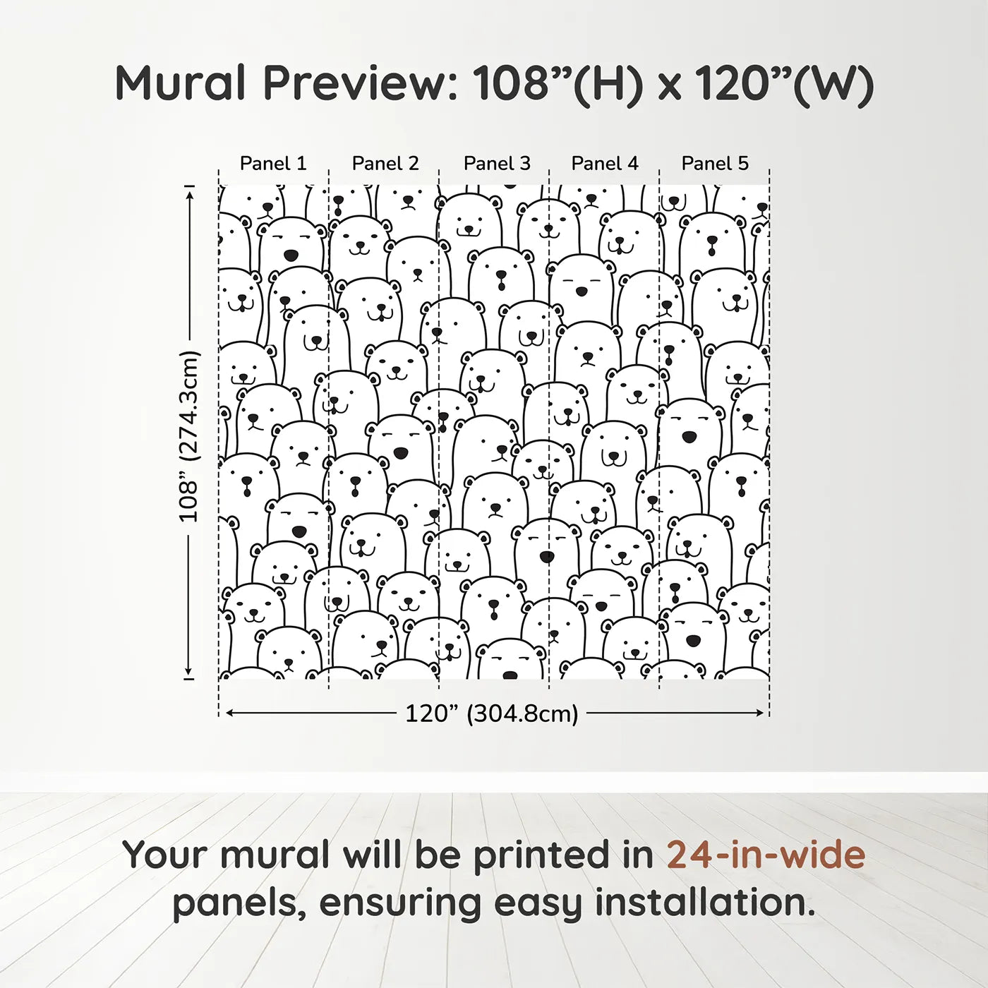 Whimsy Tots Polar Bear Doodle Wall Muraldimension view (108" H x 120" W). Printed in five 24-inch-wide panels. Gender-Neutral