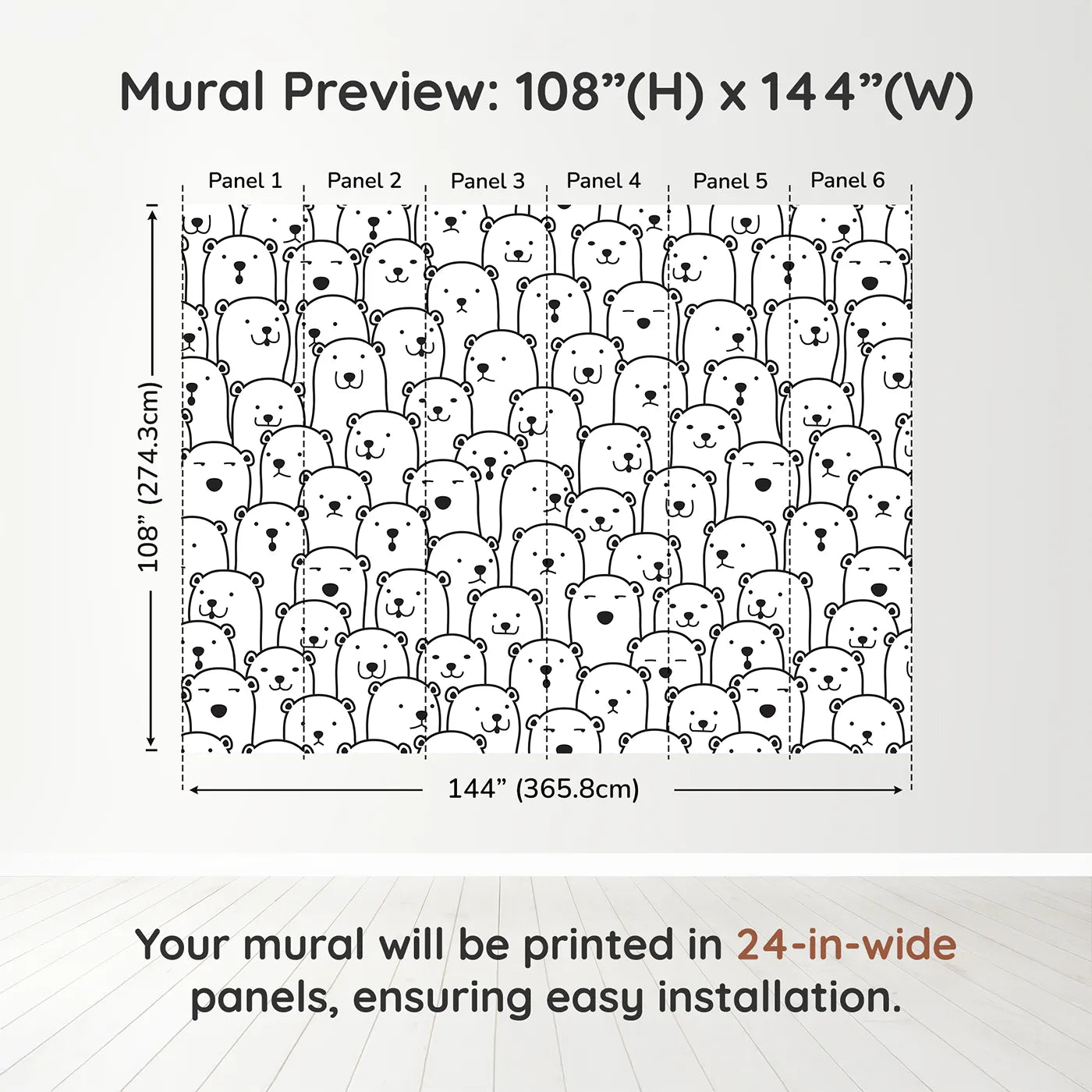 Whimsy Tots Polar Bear Doodle Wall Muraldimension view (108" H x 144" W). Printed in six 24-inch-wide panels. Gender-Neutral