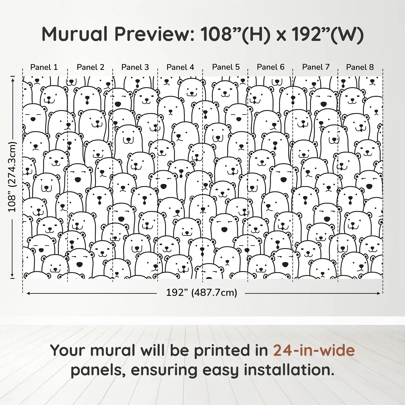 Whimsy Tots Polar Bear Doodle Wall Muraldimension view (108" H x 192" W). Printed in eight 24-inch-wide panels. Gender-Neutral