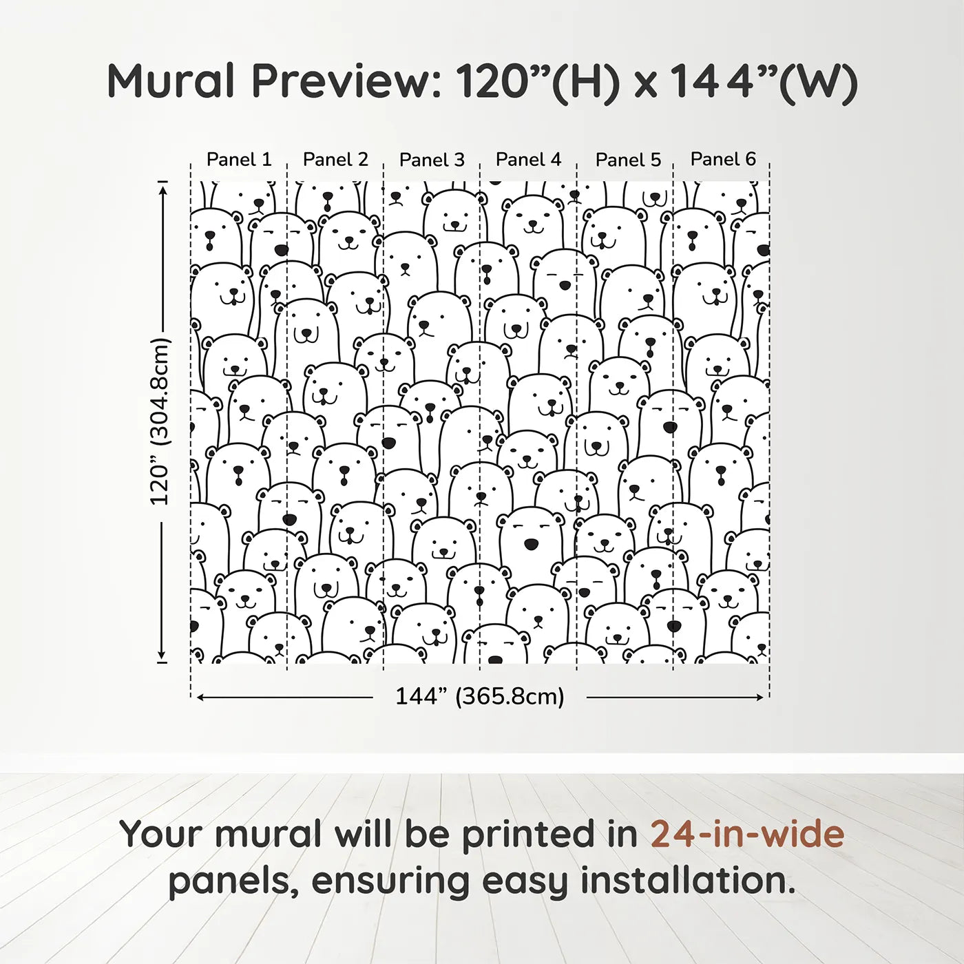 Whimsy Tots Polar Bear Doodle Wall Muraldimension view (120" H x 144" W). Printed in six 24-inch-wide panels. Gender-Neutral
