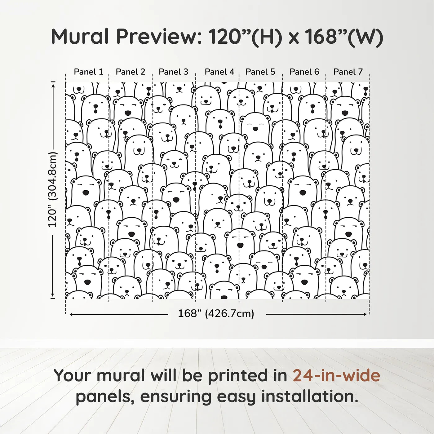 Whimsy Tots Polar Bear Doodle Wall Muraldimension view (120" H x 168" W). Printed in seven 24-inch-wide panels. Gender-Neutral