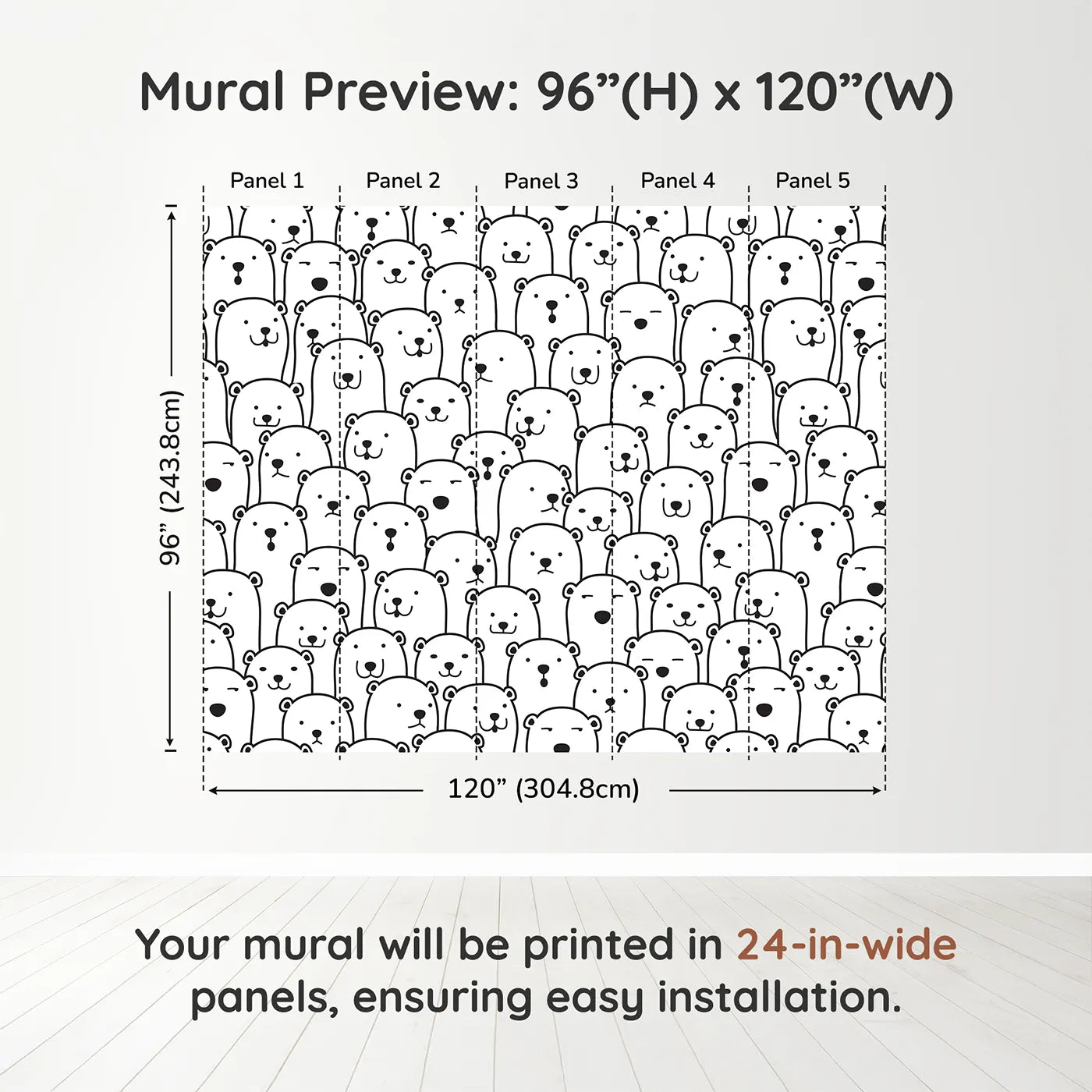 Whimsy Tots Polar Bear Doodle Wall Muraldimension view (96" H x 120" W). Printed in five 24-inch-wide panels. Gender-Neutral