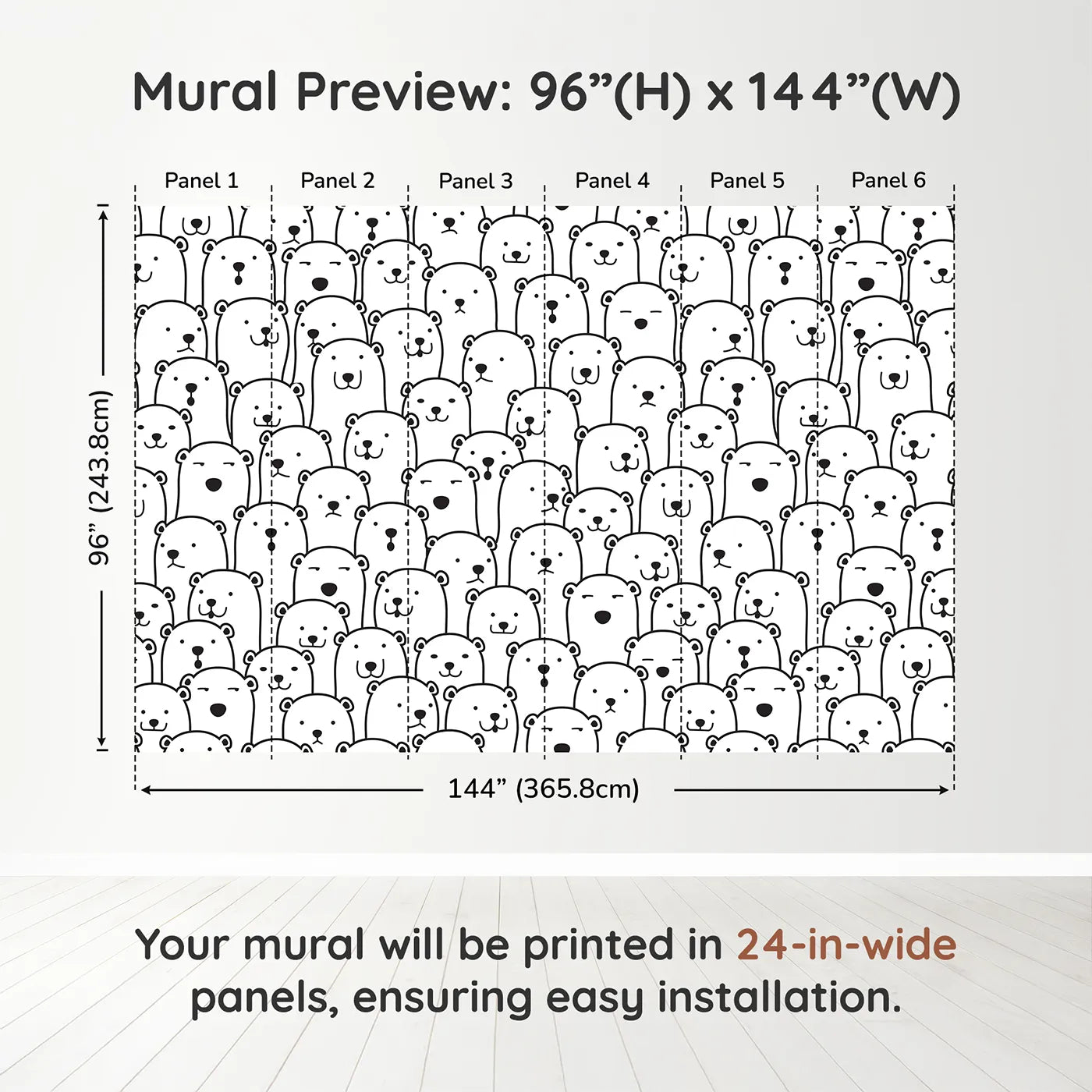 Whimsy Tots Polar Bear Doodle Wall Muraldimension view (96" H x 144" W). Printed in six 24-inch-wide panels. Gender-Neutral