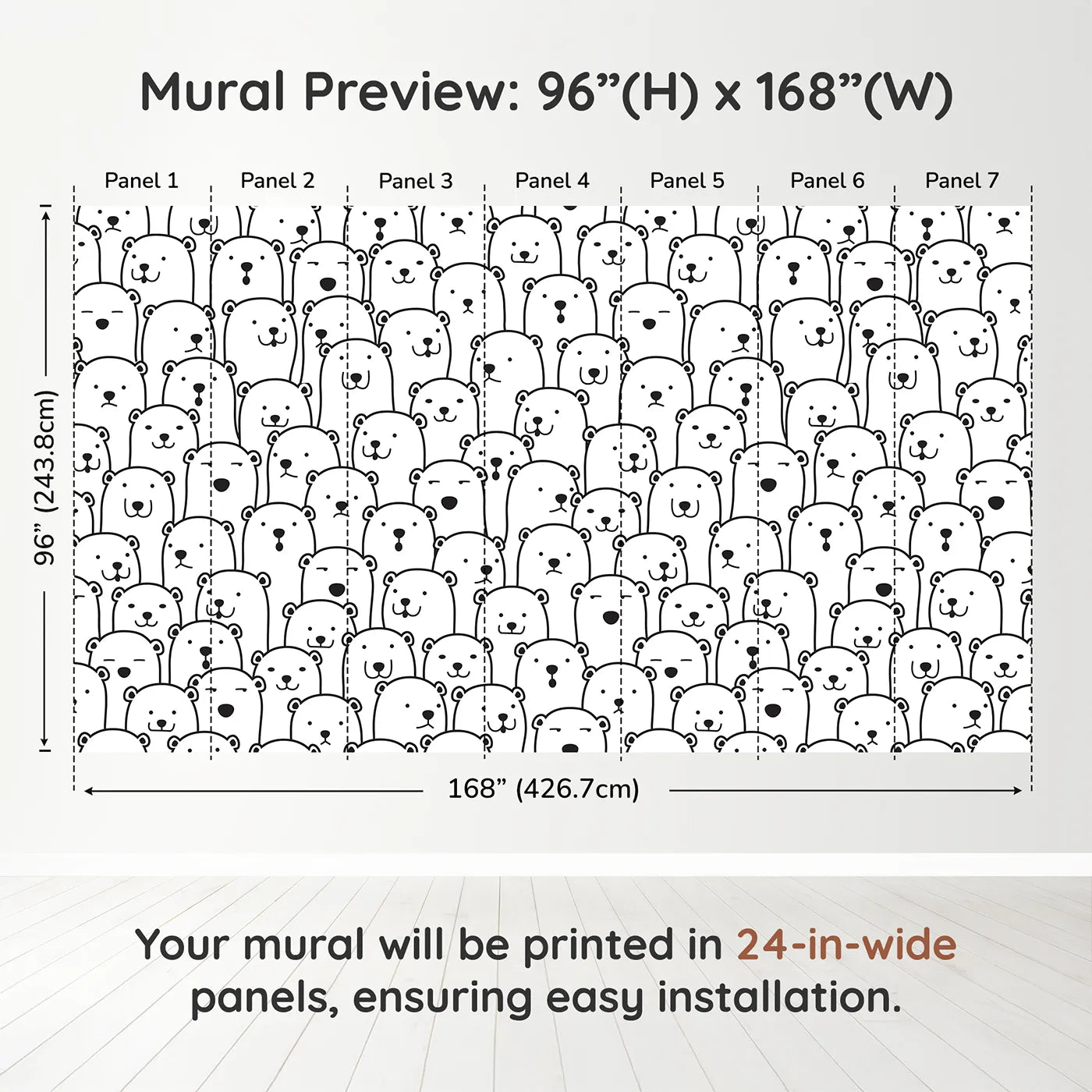Whimsy Tots Polar Bear Doodle Wall Muraldimension view (96" H x 168" W). Printed in seven 24-inch-wide panels. Gender-Neutral