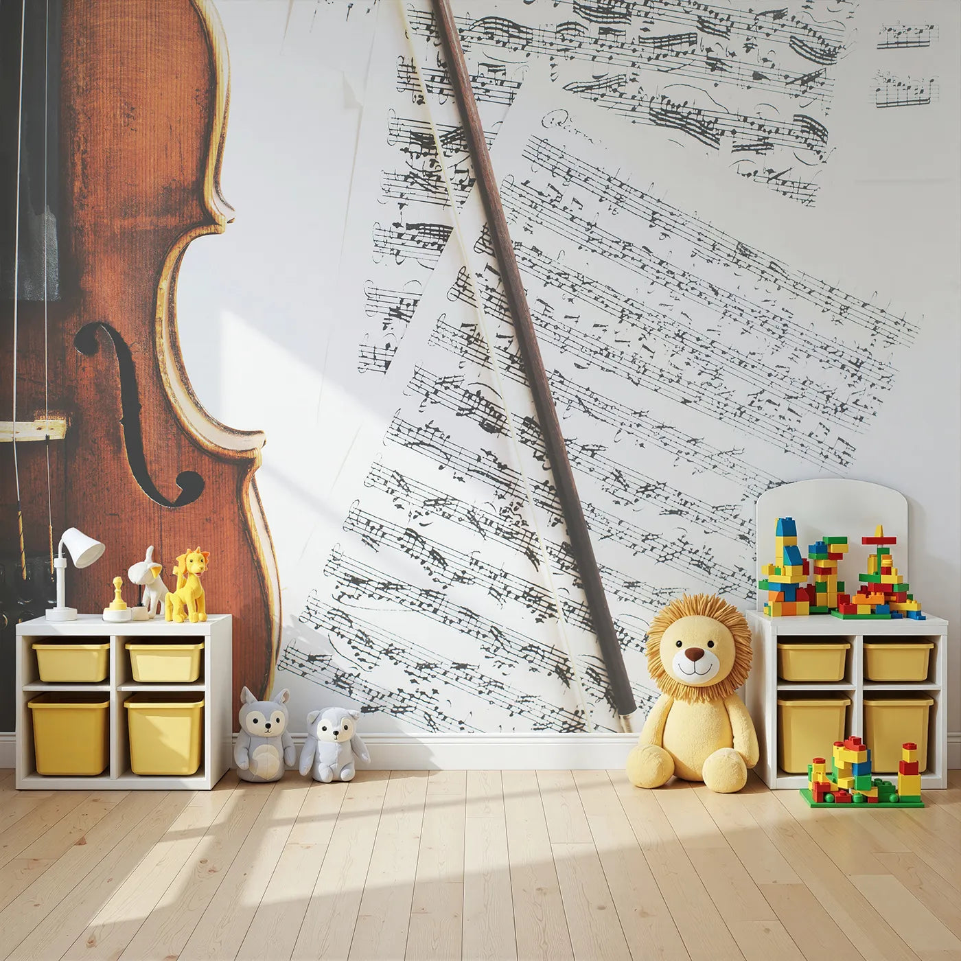 Angled view of Whimsy Tots' Vintage Violin Wall Mural (Turn Their Room into a Classic, Musical Masterpiece).Gender-Neutral