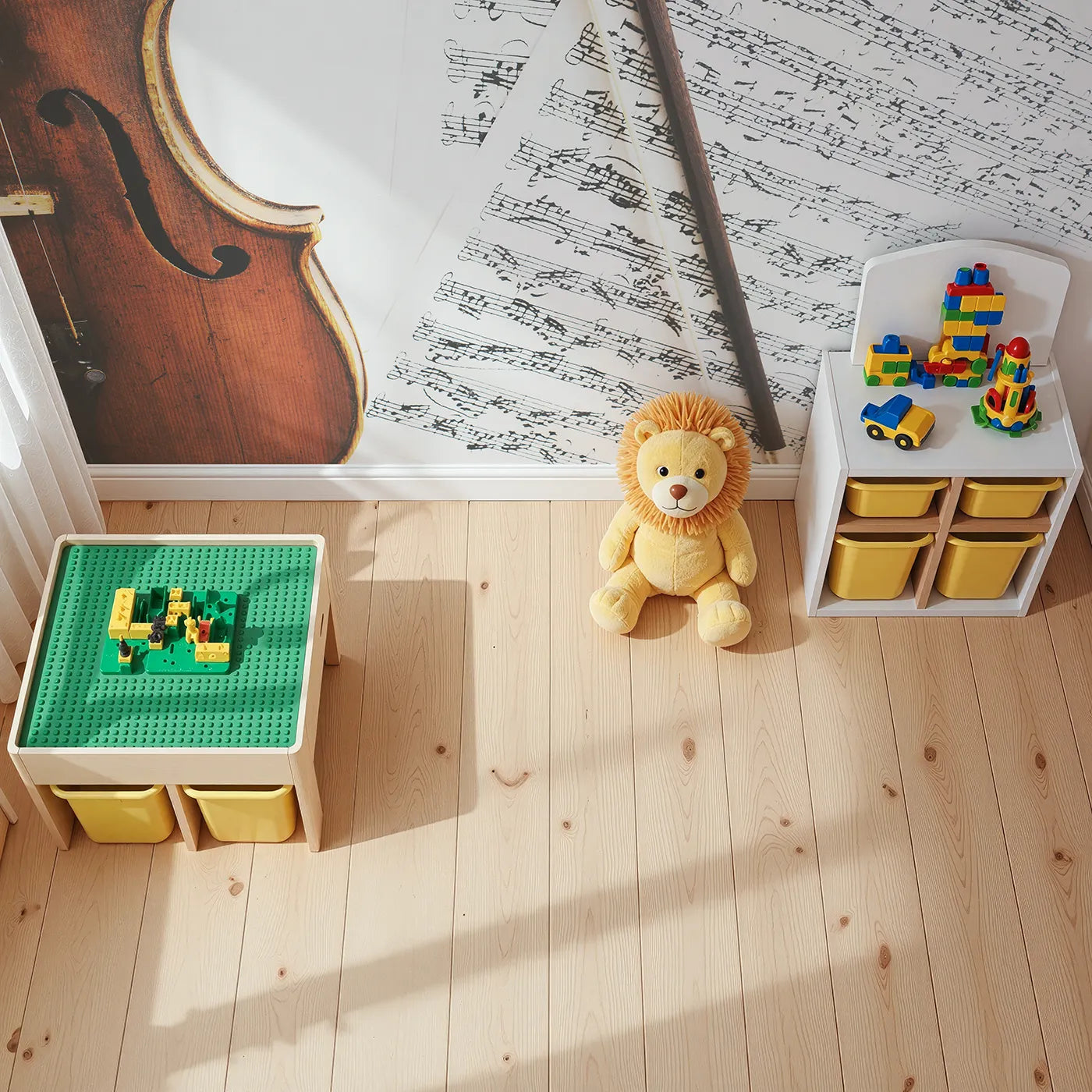 Top-down view of Whimsy Tots' Vintage Violin Wall Mural (Turn Their Room into a Classic, Musical Masterpiece).Gender-Neutral