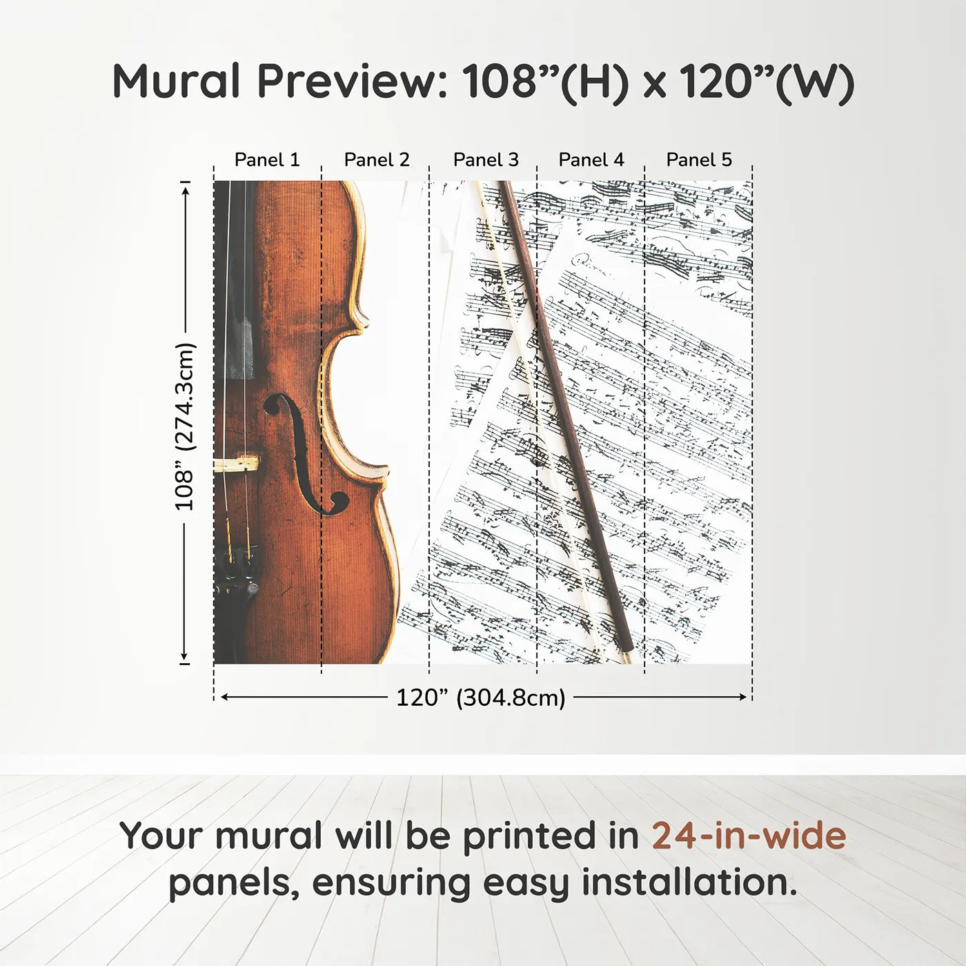 Whimsy Tots Vintage Violin Wall Muraldimension view (108" H x 120" W). Printed in five 24-inch-wide panels. Gender-Neutral