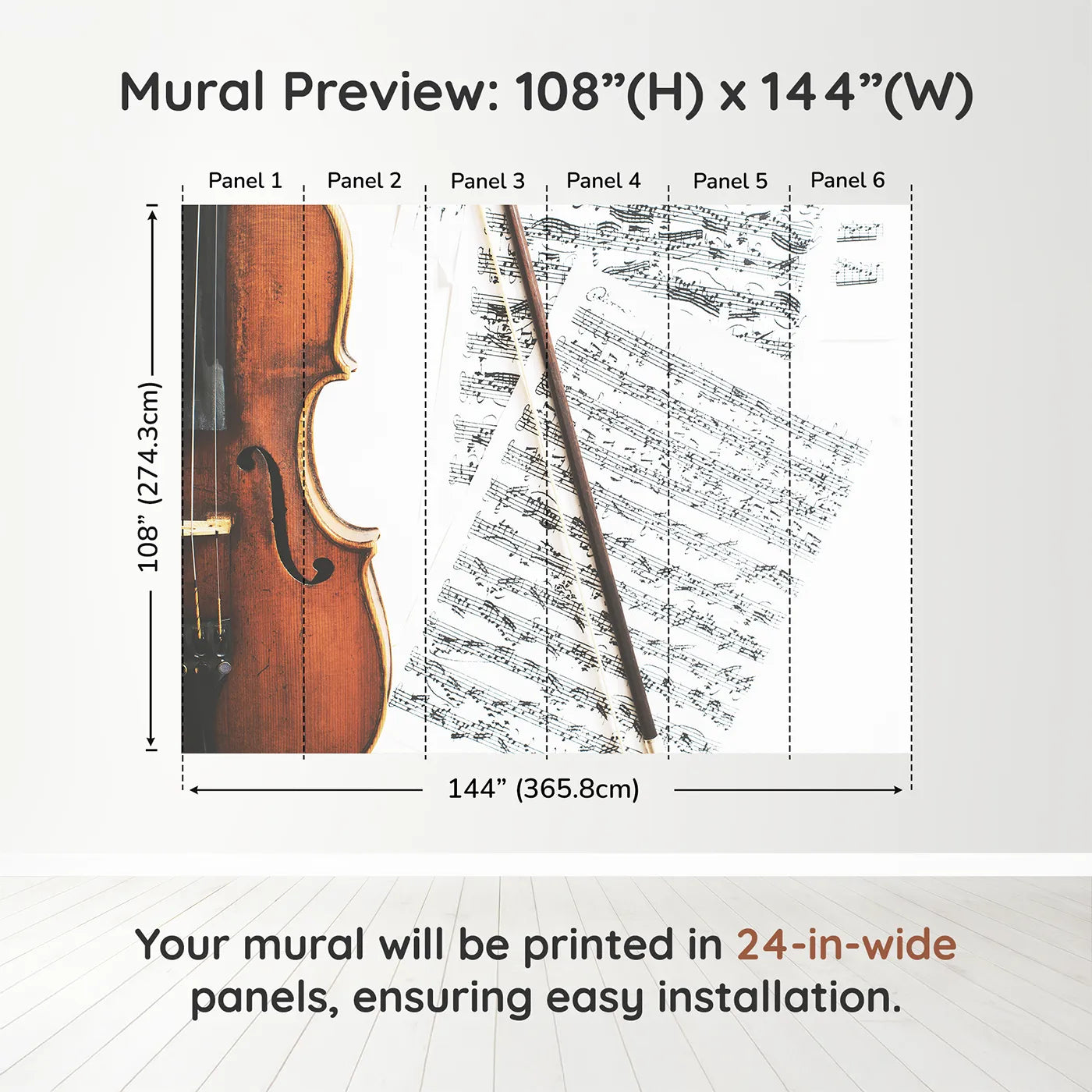 Whimsy Tots Vintage Violin Wall Muraldimension view (108" H x 144" W). Printed in six 24-inch-wide panels. Gender-Neutral