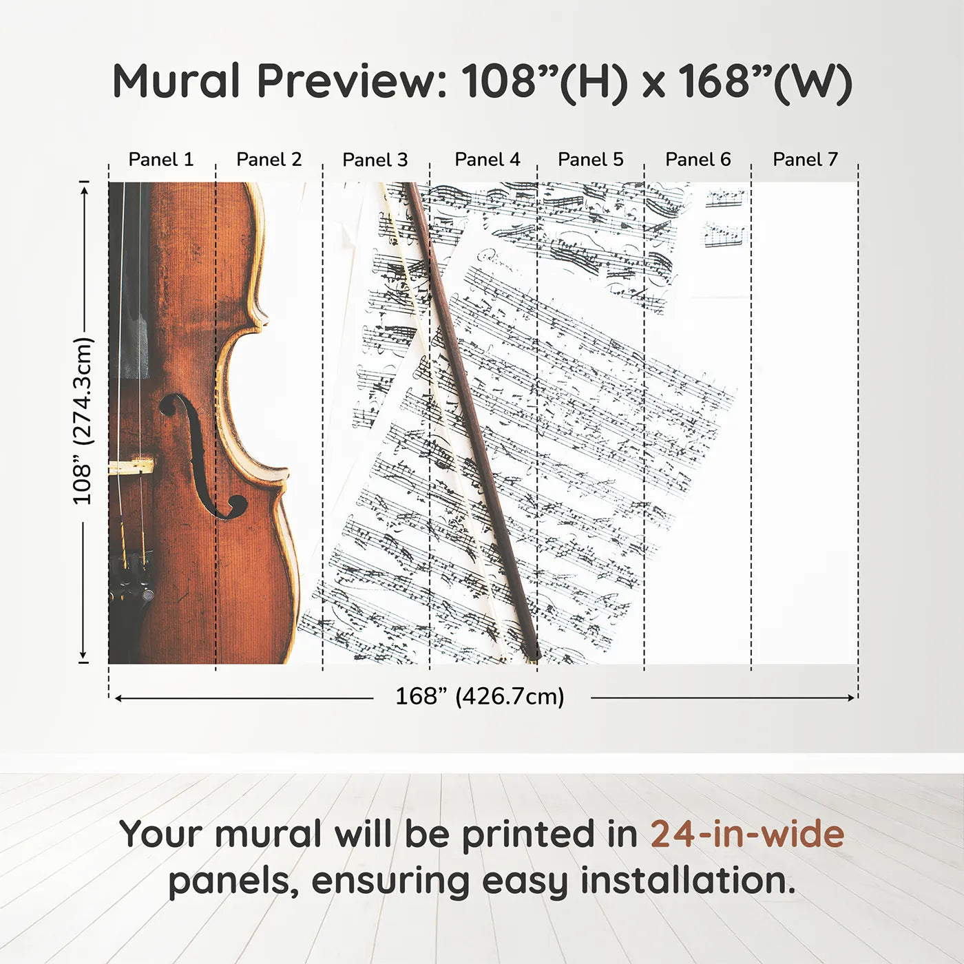 Whimsy Tots Vintage Violin Wall Muraldimension view (108" H x 168" W). Printed in seven 24-inch-wide panels. Gender-Neutral