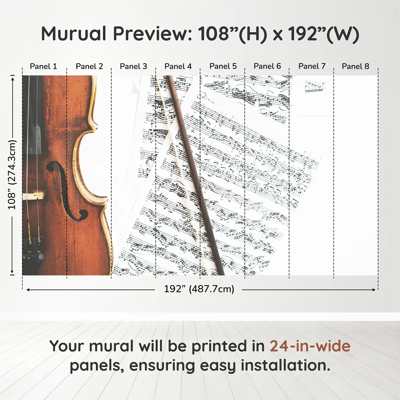 Whimsy Tots Vintage Violin Wall Muraldimension view (108" H x 192" W). Printed in eight 24-inch-wide panels. Gender-Neutral
