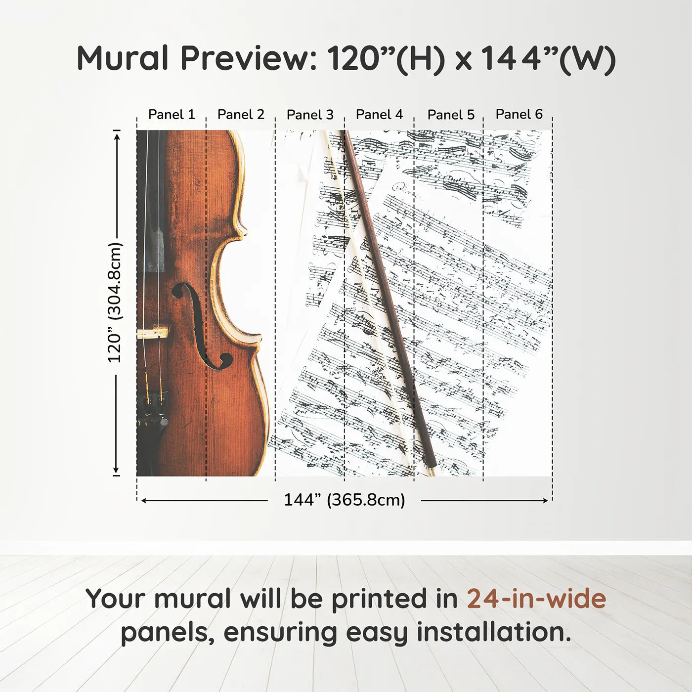 Whimsy Tots Vintage Violin Wall Muraldimension view (120" H x 144" W). Printed in six 24-inch-wide panels. Gender-Neutral