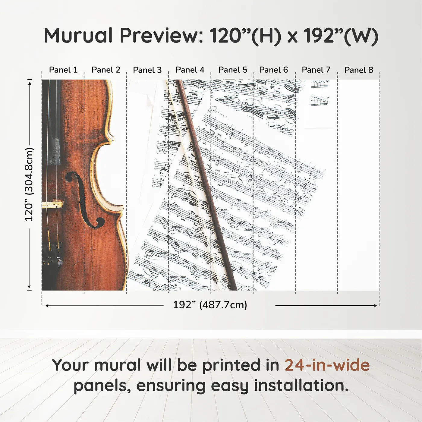 Whimsy Tots Vintage Violin Wall Muraldimension view (120" H x 192" W). Printed in eight 24-inch-wide panels. Gender-Neutral