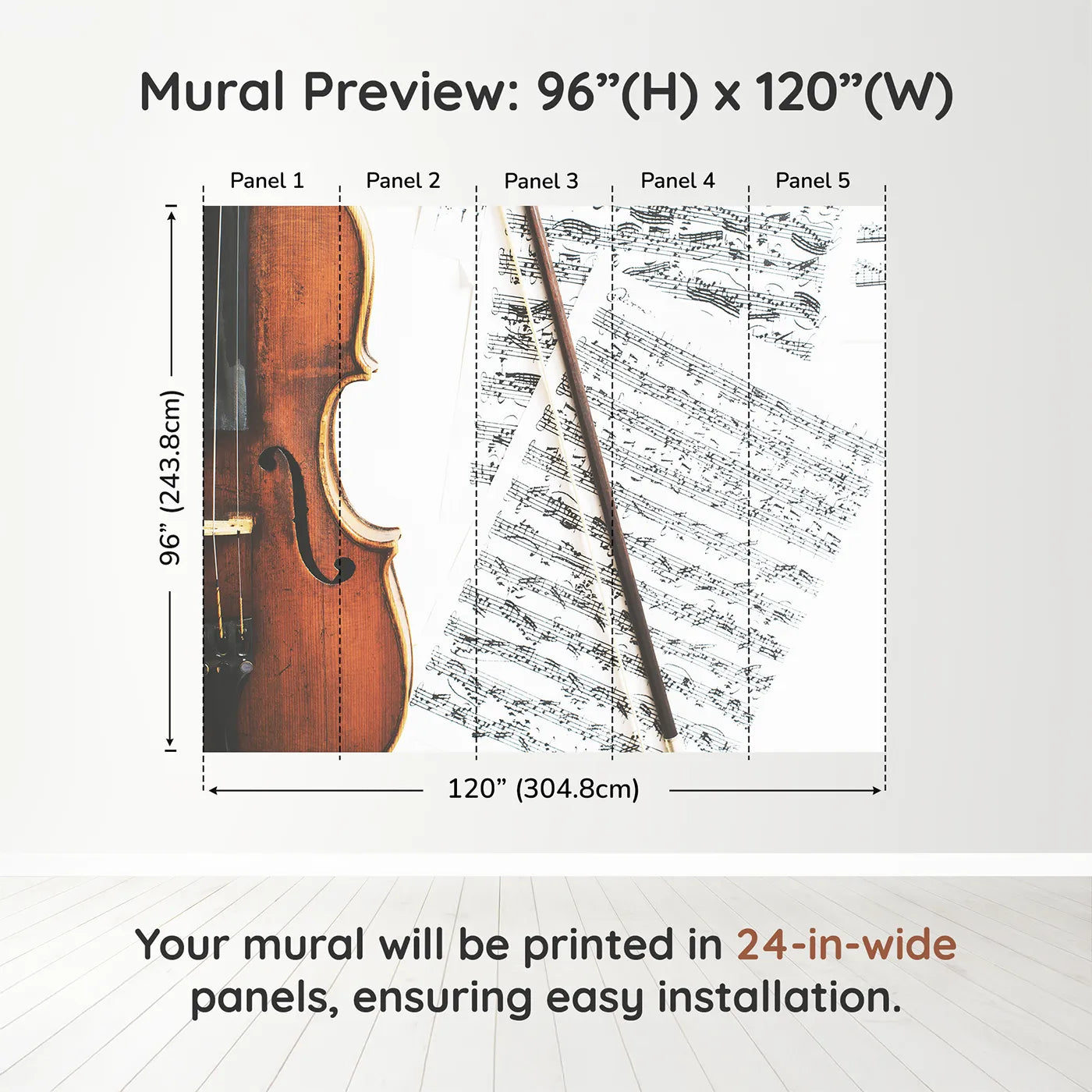 Whimsy Tots Vintage Violin Wall Muraldimension view (96" H x 120" W). Printed in five 24-inch-wide panels. Gender-Neutral