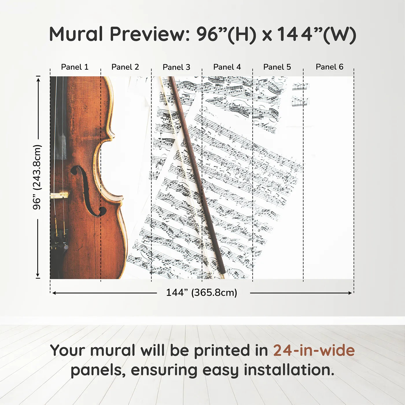 Whimsy Tots Vintage Violin Wall Muraldimension view (96" H x 144" W). Printed in six 24-inch-wide panels. Gender-Neutral