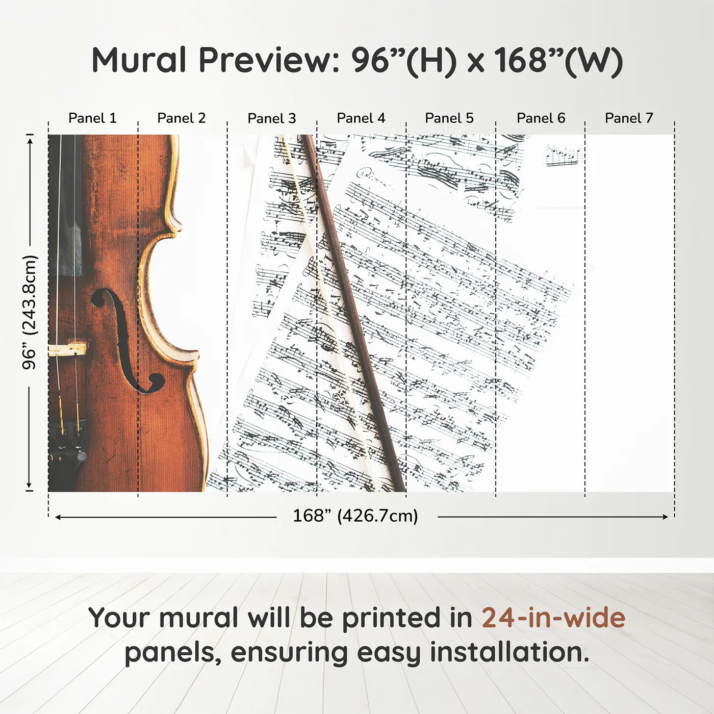 Whimsy Tots Vintage Violin Wall Muraldimension view (96" H x 168" W). Printed in seven 24-inch-wide panels. Gender-Neutral